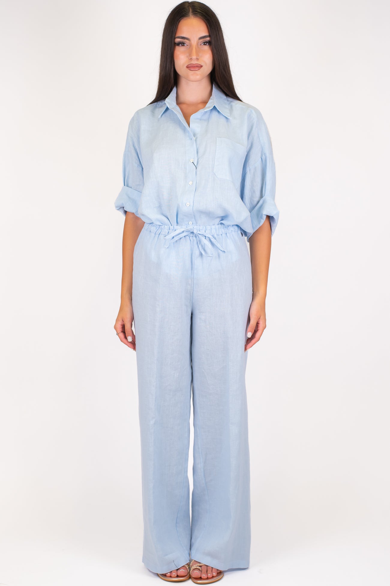 Dixie - Coordinato in puro lino camicia con taschino e pantalone palazzo con coulisse