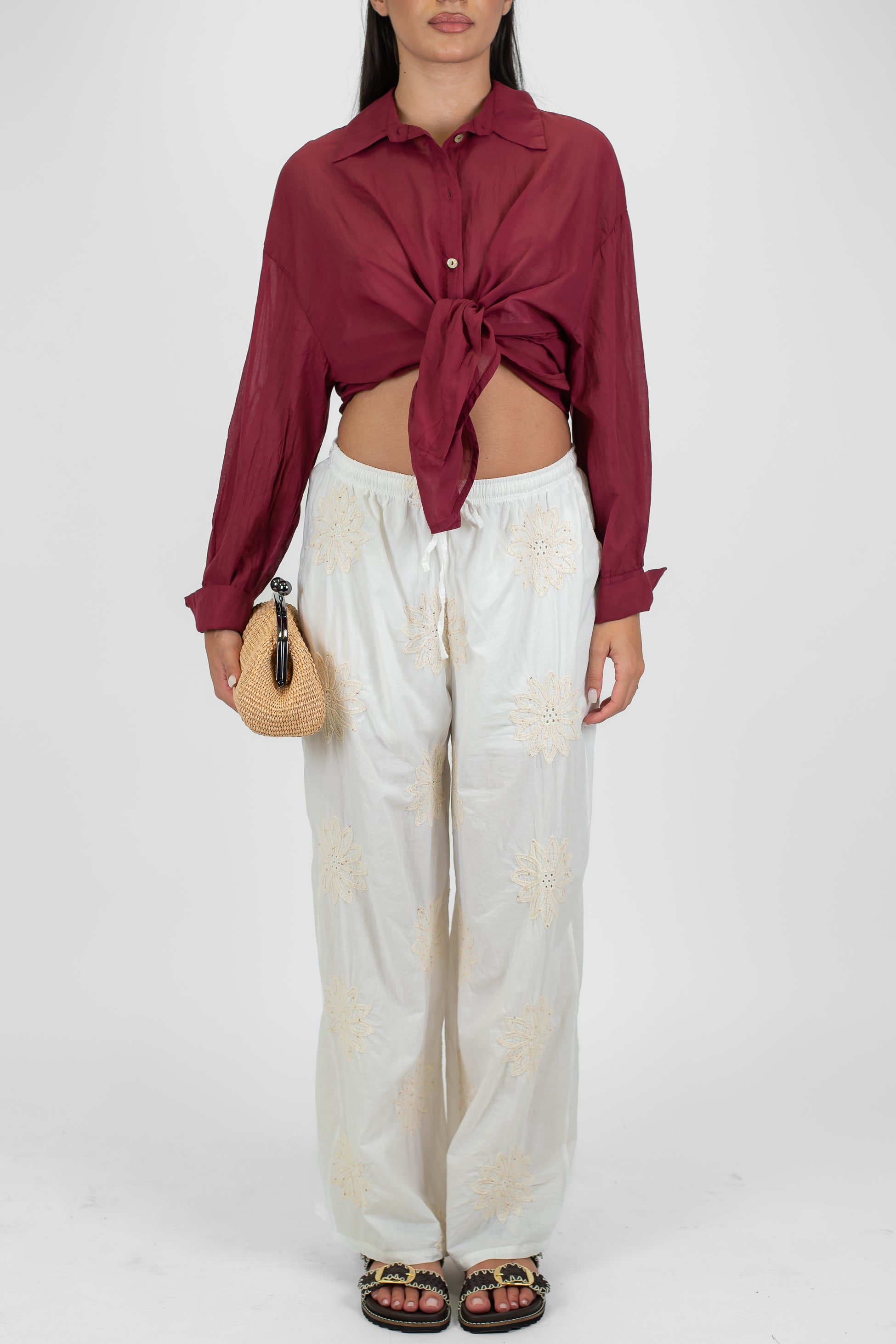 Haveone - Pantalone palazzo con ricami in pizzo sangallo e coulisse