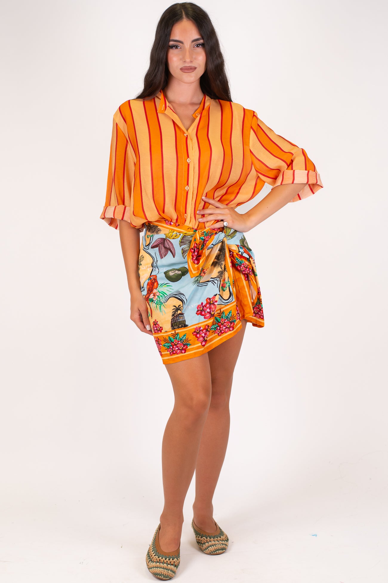 Dixie - Minigonna pareo fantasia tropicale in viscosa leggera