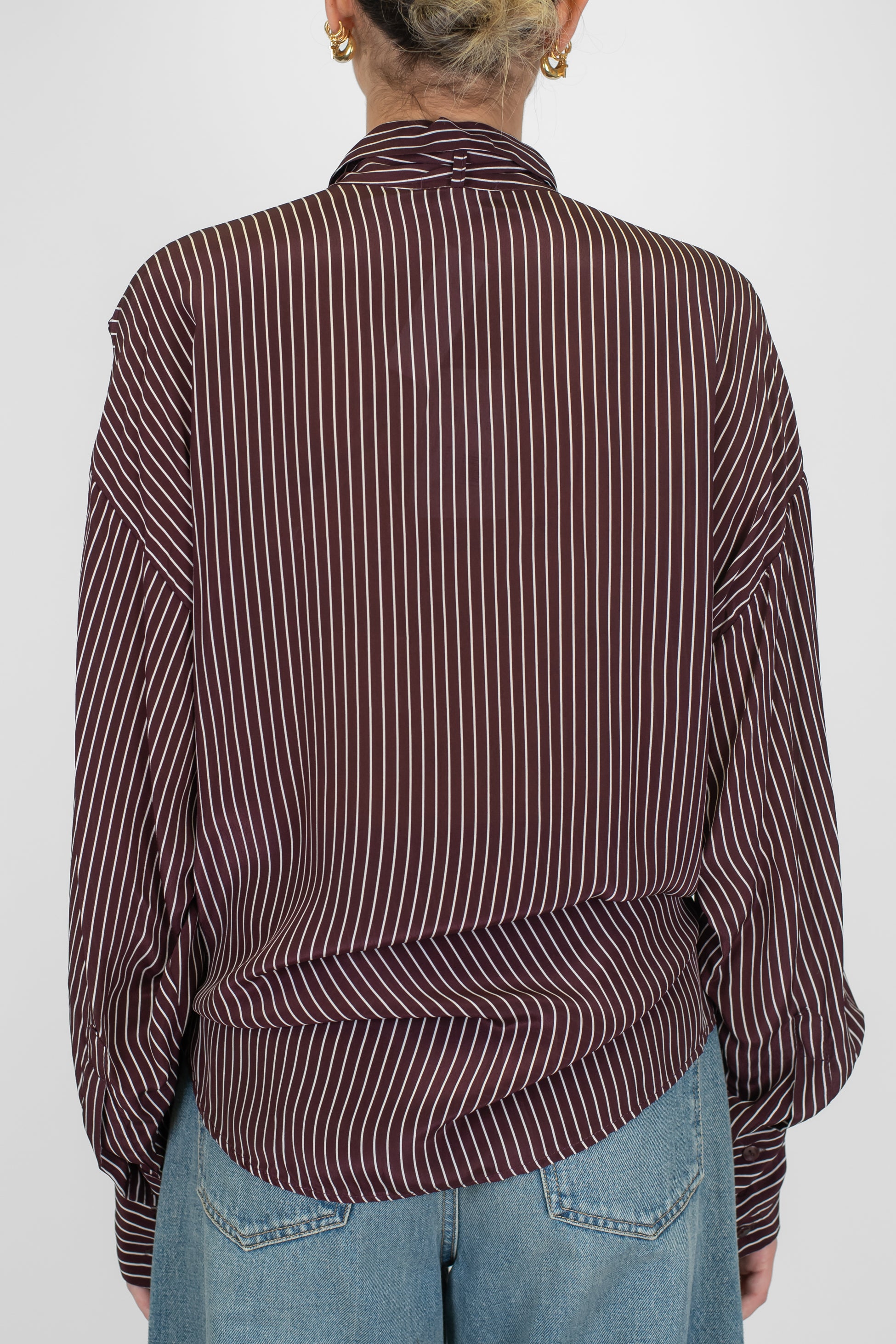 Motel - Camicia fantasia righe in viscosa con fiocco al collo