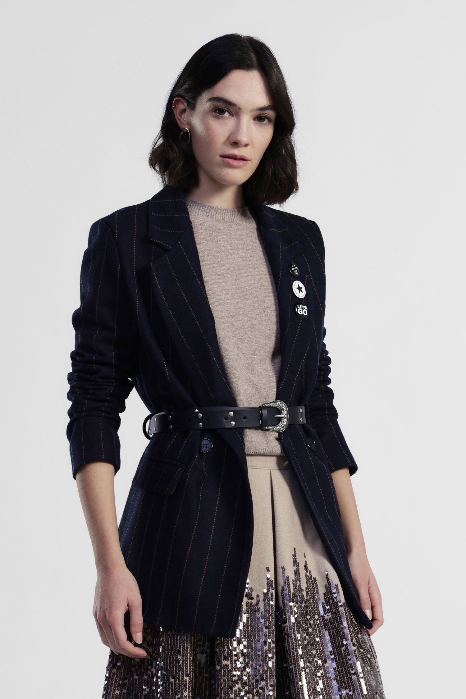 Dixie - Giacca monopetto gessata in misto lana con spille e cintura