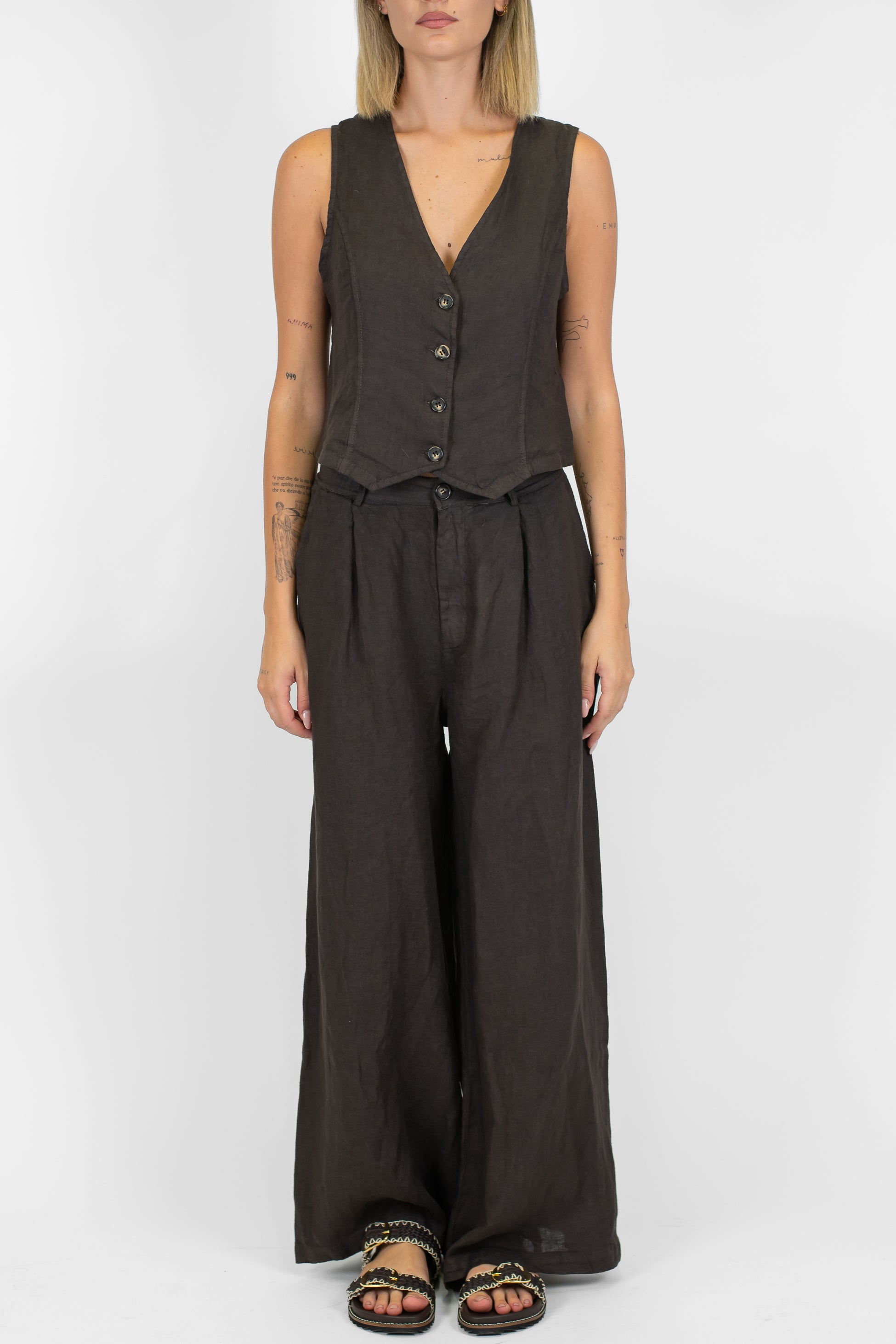 Haveone - Pantalone palazzo in puro lino con pinces ed elastico sul retro