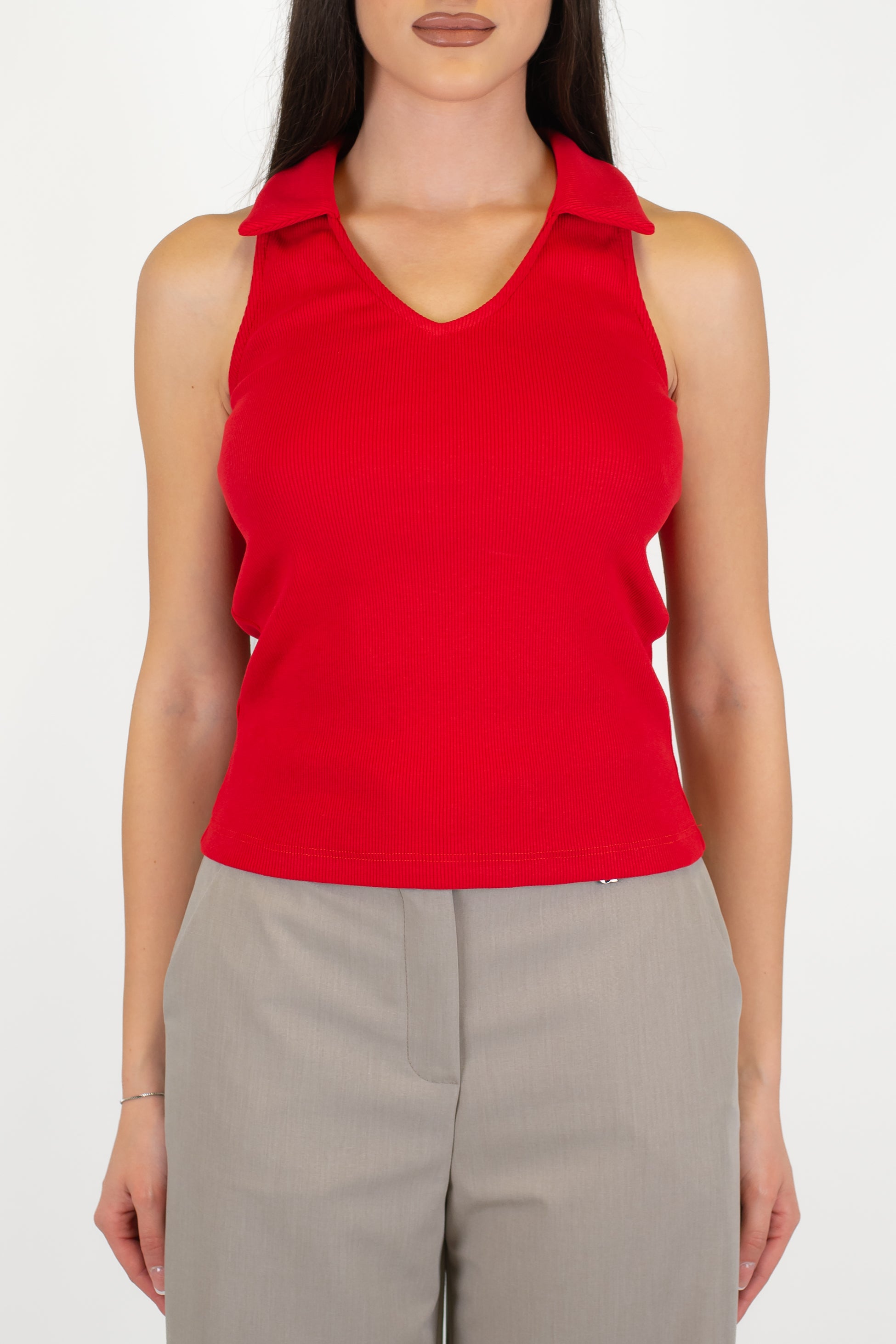 Dixie - Top a costine scollo a V con colletto