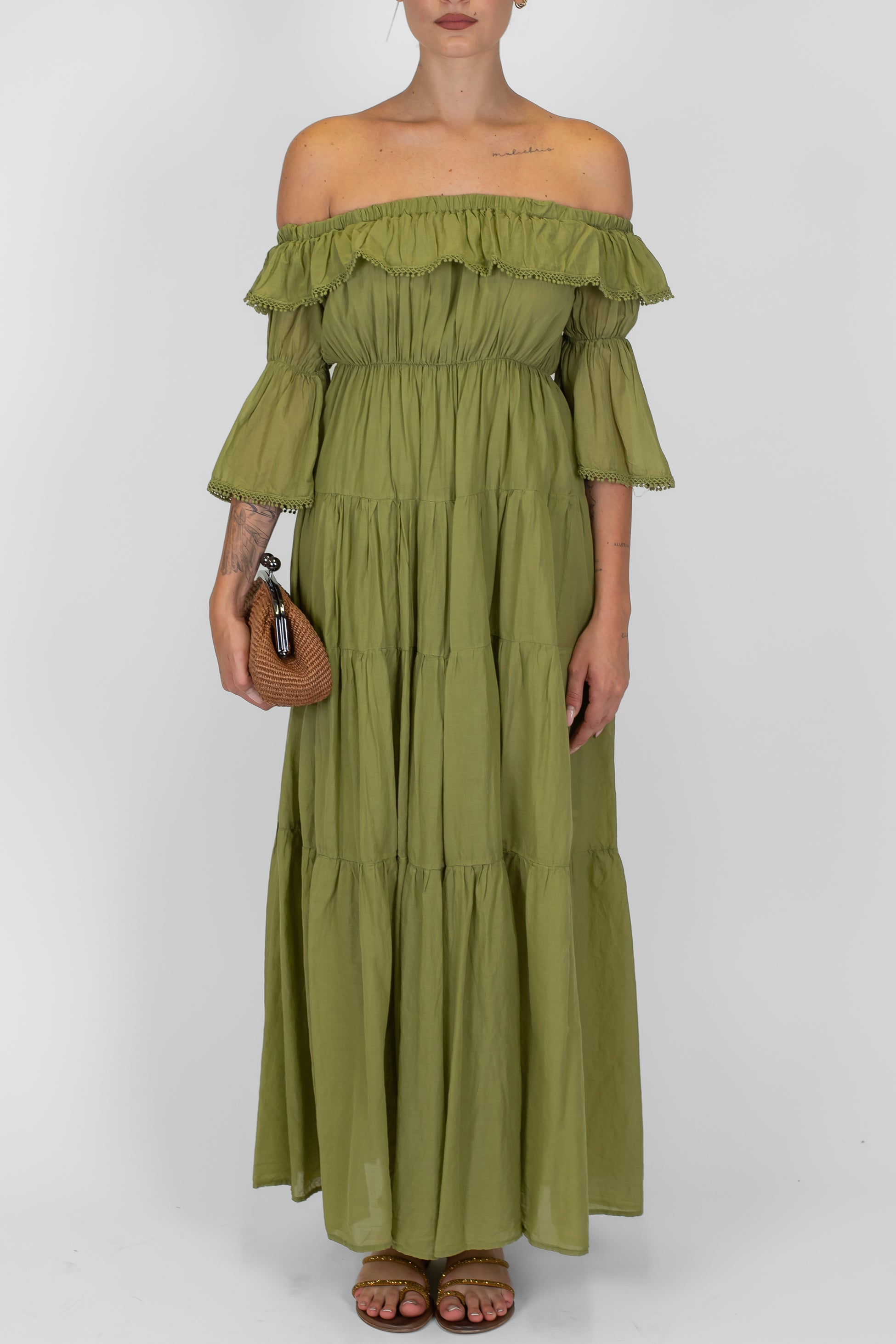 Dixie - Abito lungo in mussola di cotone con collo schiffer