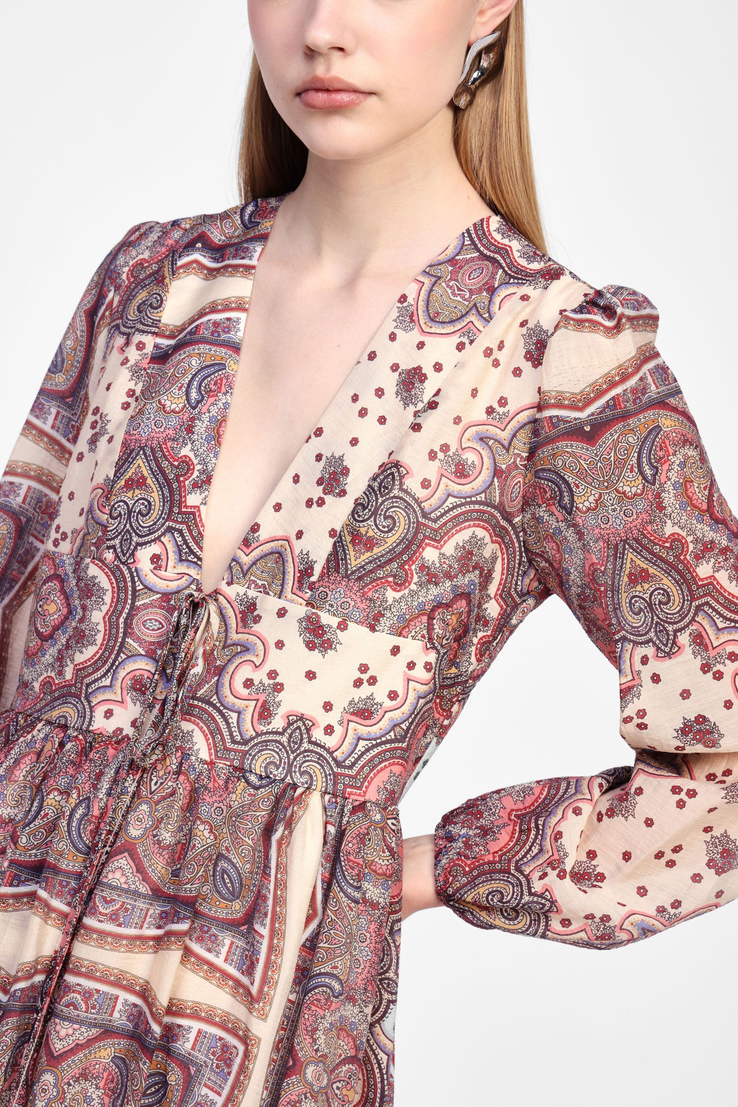 Dixie - Abito lungo scollo a V fantasia astratta in lyocell con manica lunga