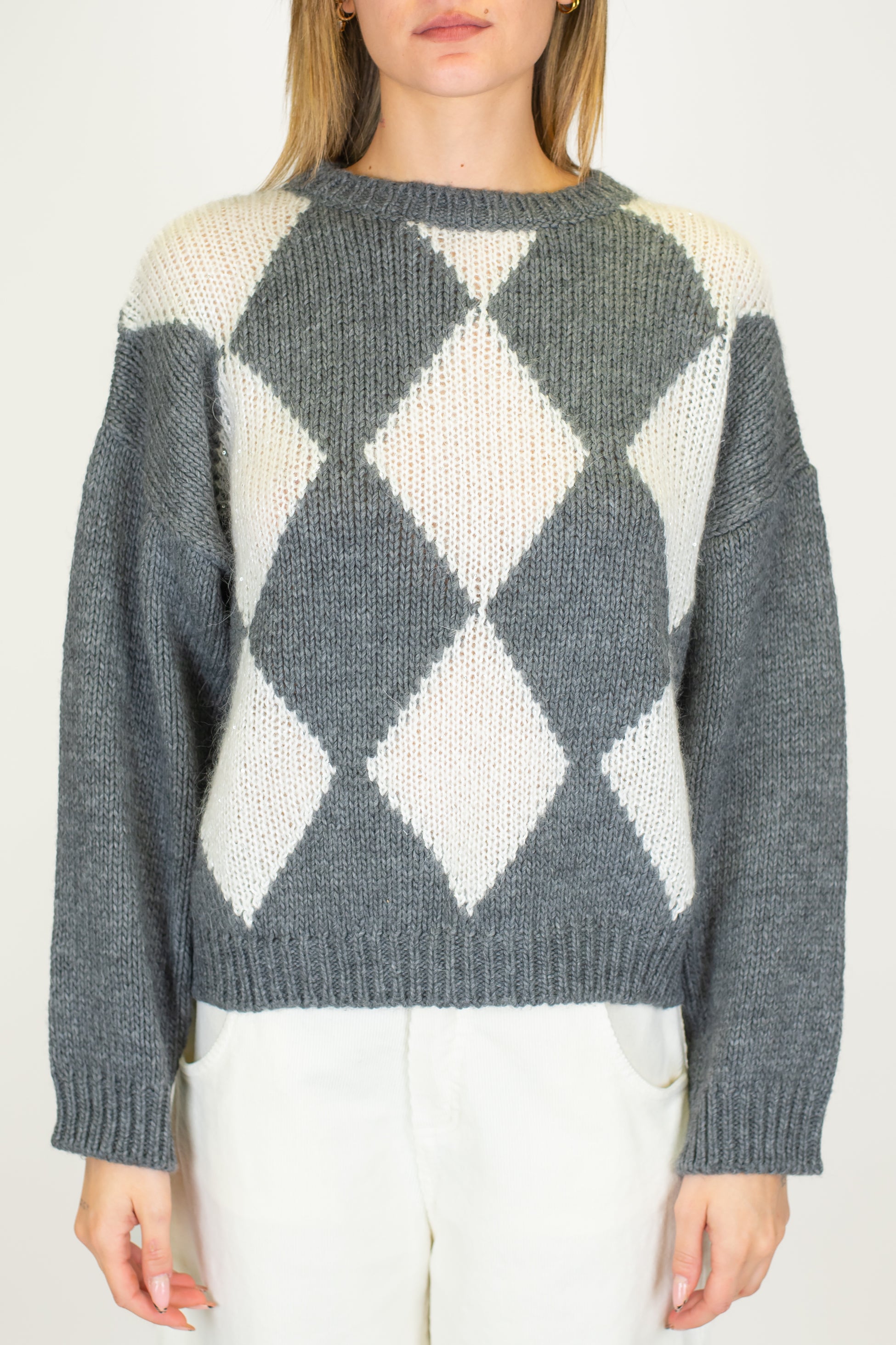 Motel - Maglia over fantasia rombi a contrasto in misto lana con paillettes