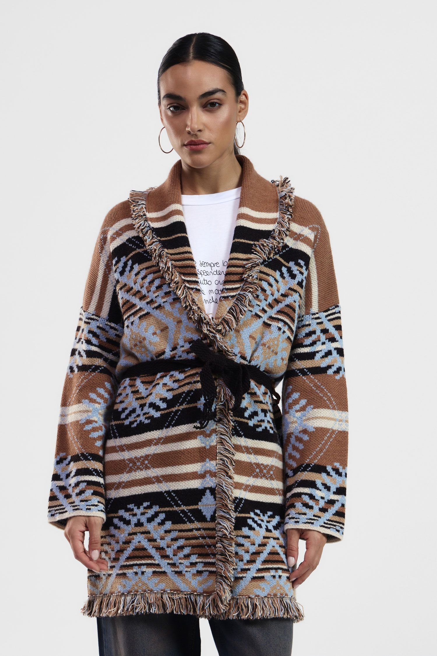 Dixie - Cardigan fantasia in misto lana con profilo nappine e cintura in tessuto