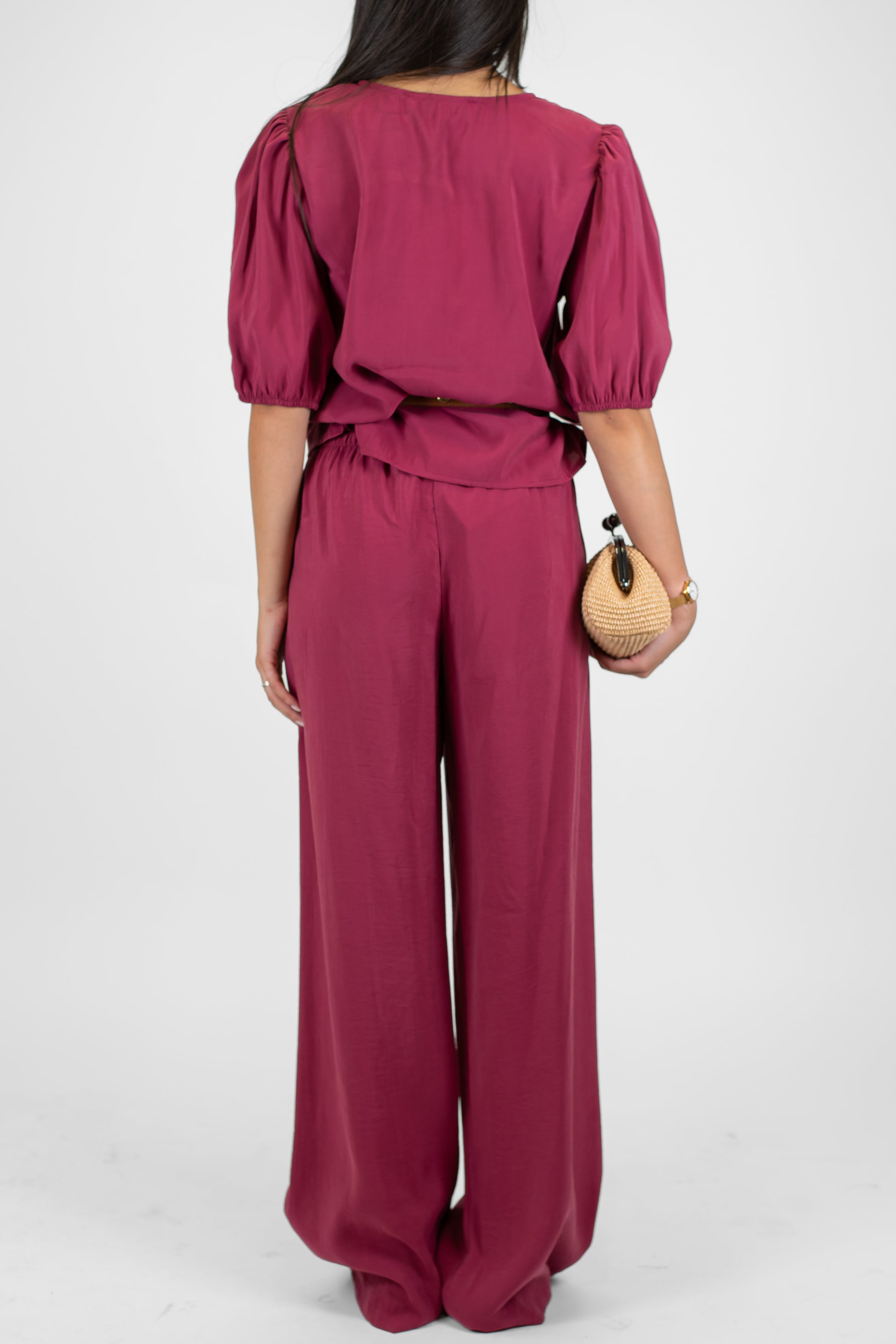 Haveone - Coordinato in modal con t-shirt scollo a V con lacci e pantalone palazzo con coulisse