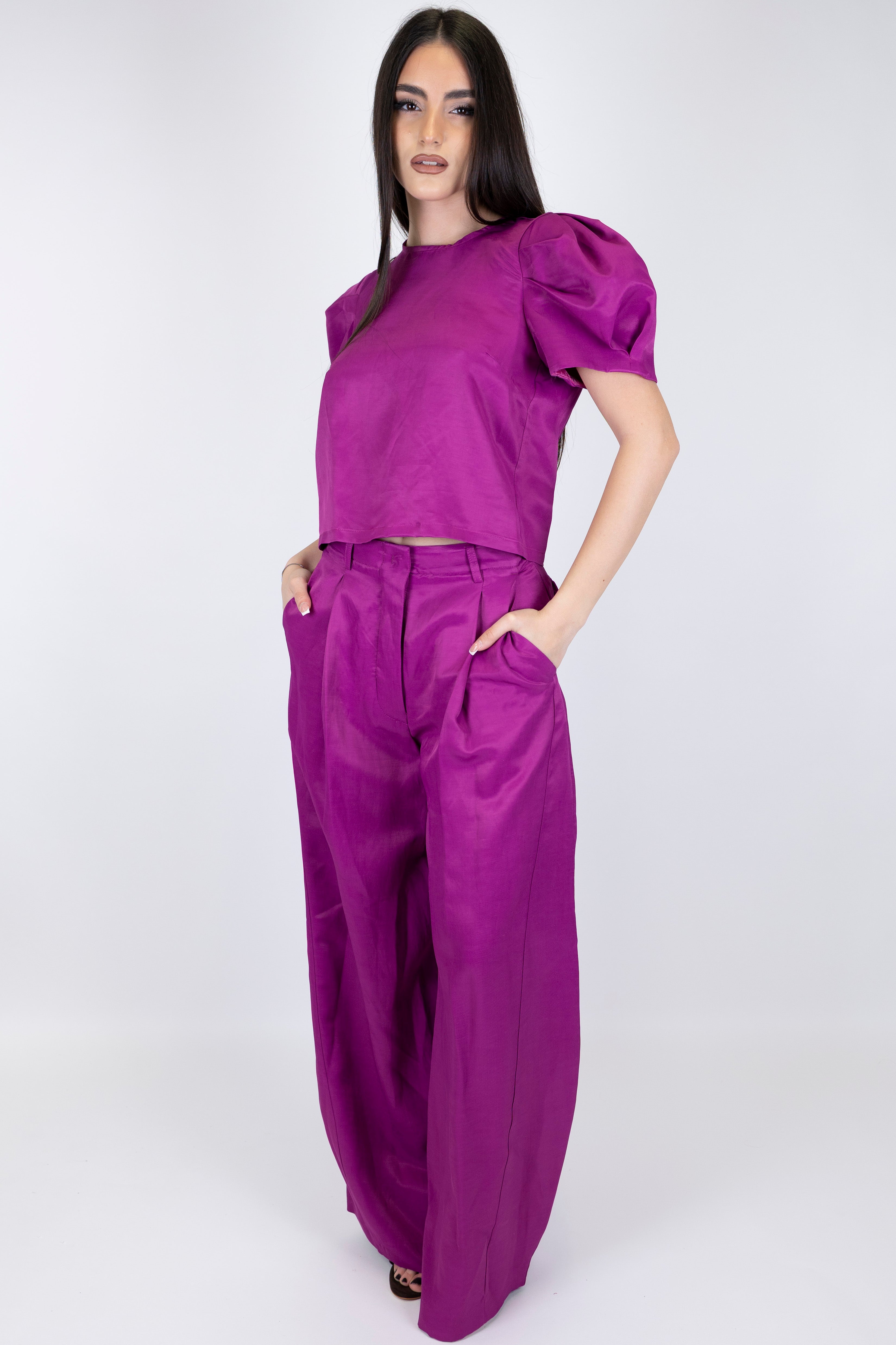 Tensione in - Pantalone palazzo in misto viscosa e lino con pinces