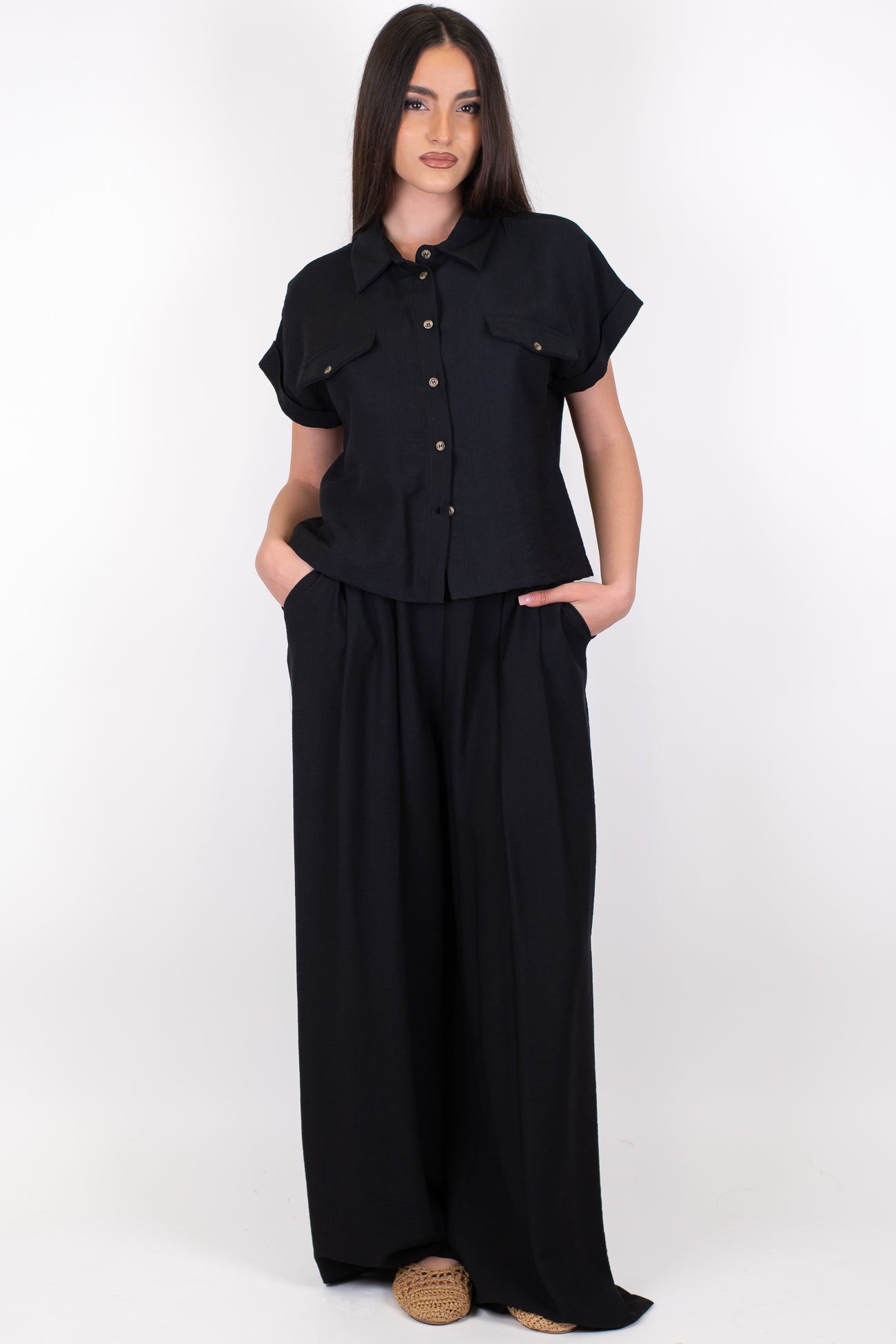 Dixie - Coordinato camicia mezzamanica e pantalone palazzo con elastico sul retro in viscosa leggera