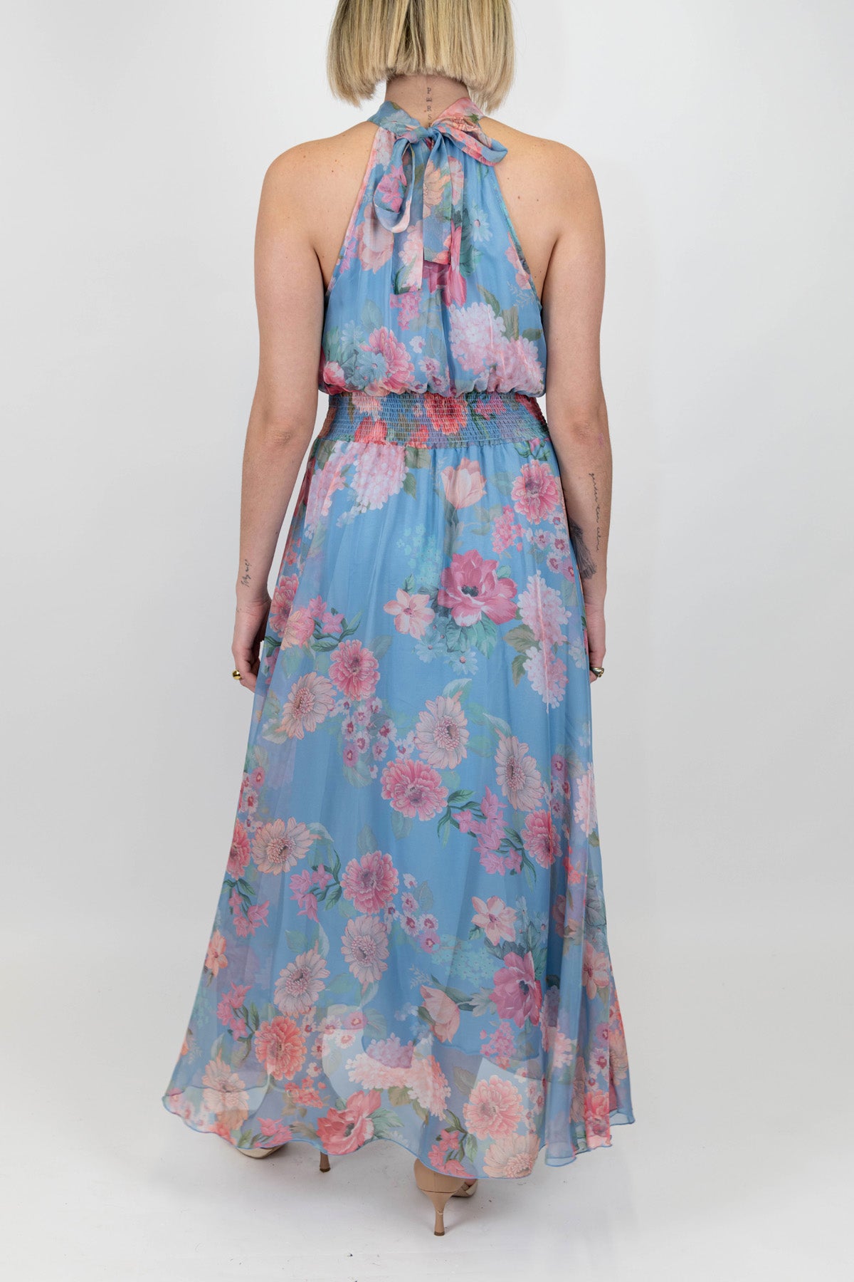 Tensione in - Abito lungo fantasia floreale con scollo all'americana ed elastico in vita