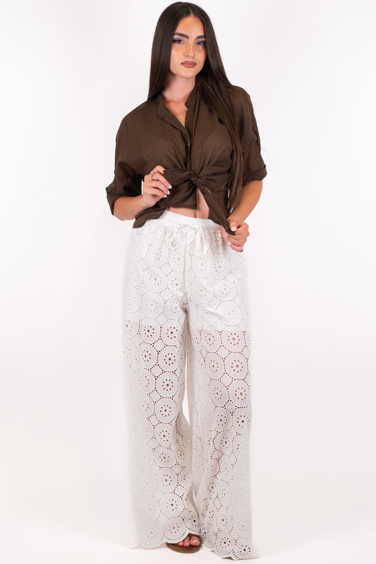 Haveone - Pantalone palazzo in pizzo sangallo con coulisse