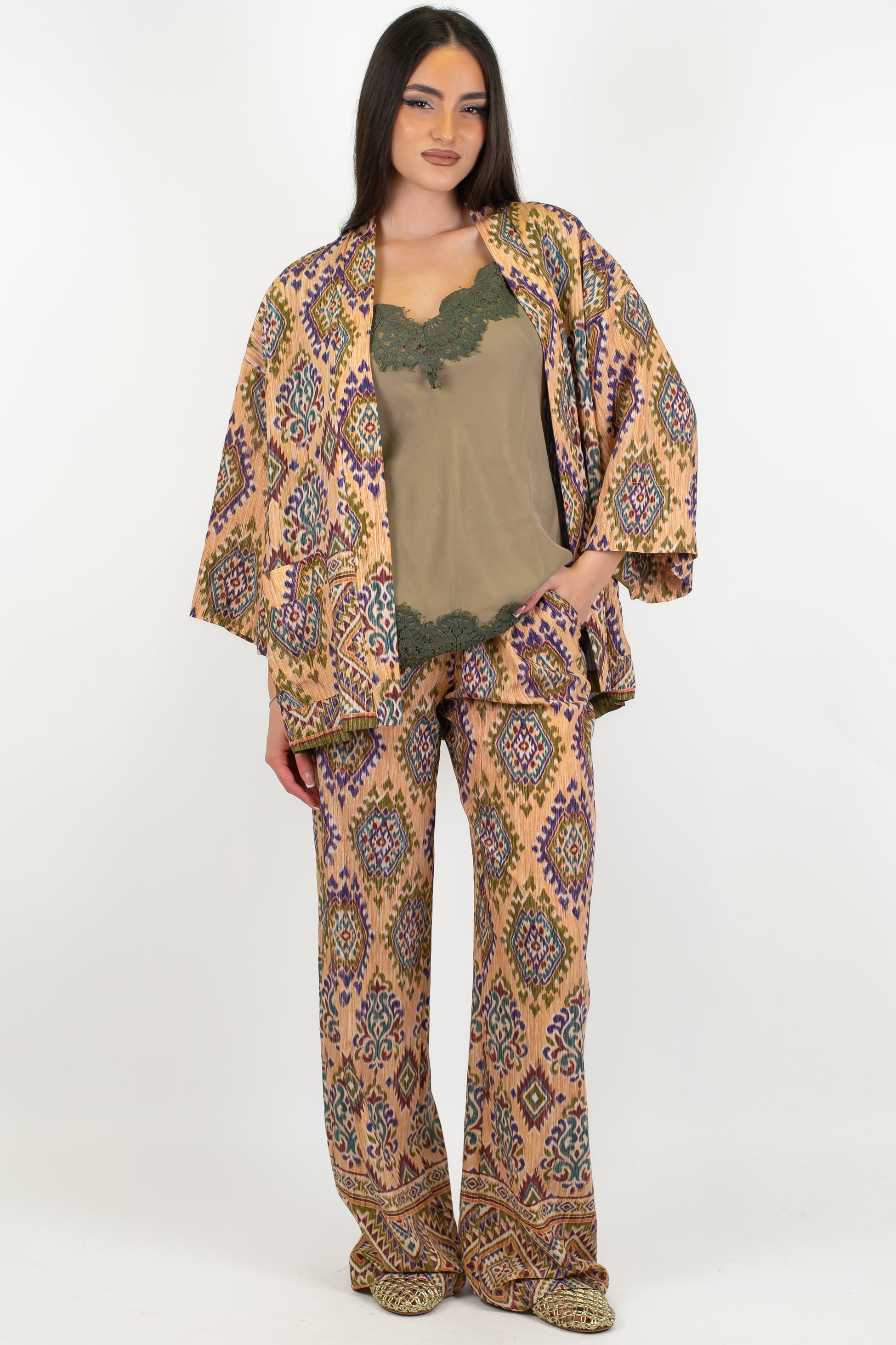 Dixie - Pantalone palazzo fantasia etnica in viscosa con elastico in vita