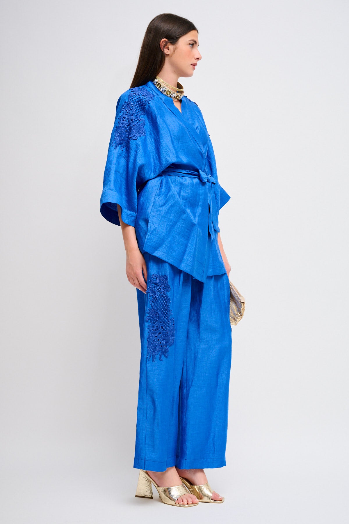 Maryley - Pantalone palazzo in lino con ricami ed elastico in vita