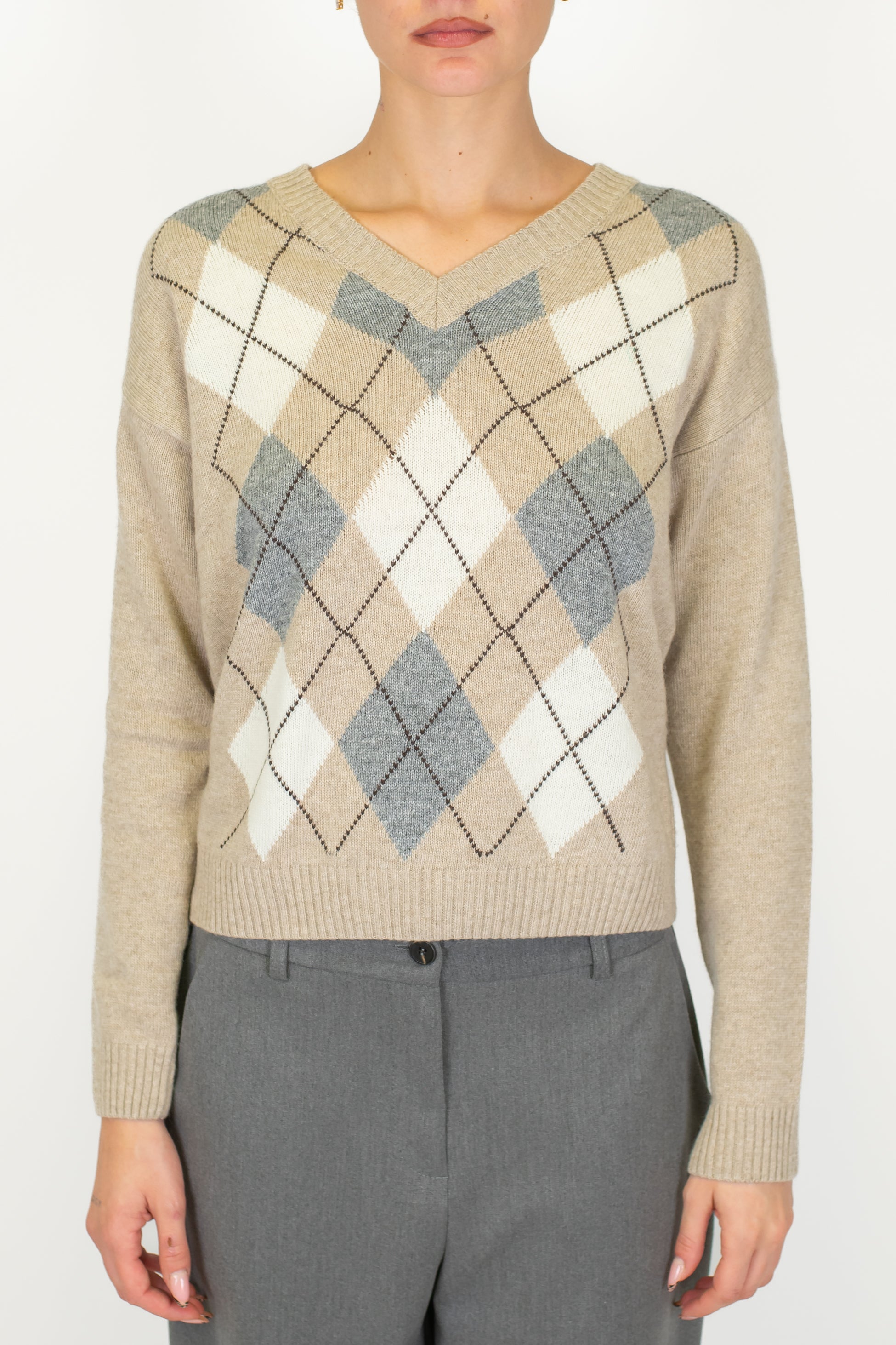 Tensione in - Maglia scollo V fantasia rombi a contrasto in misto lana e cashmere