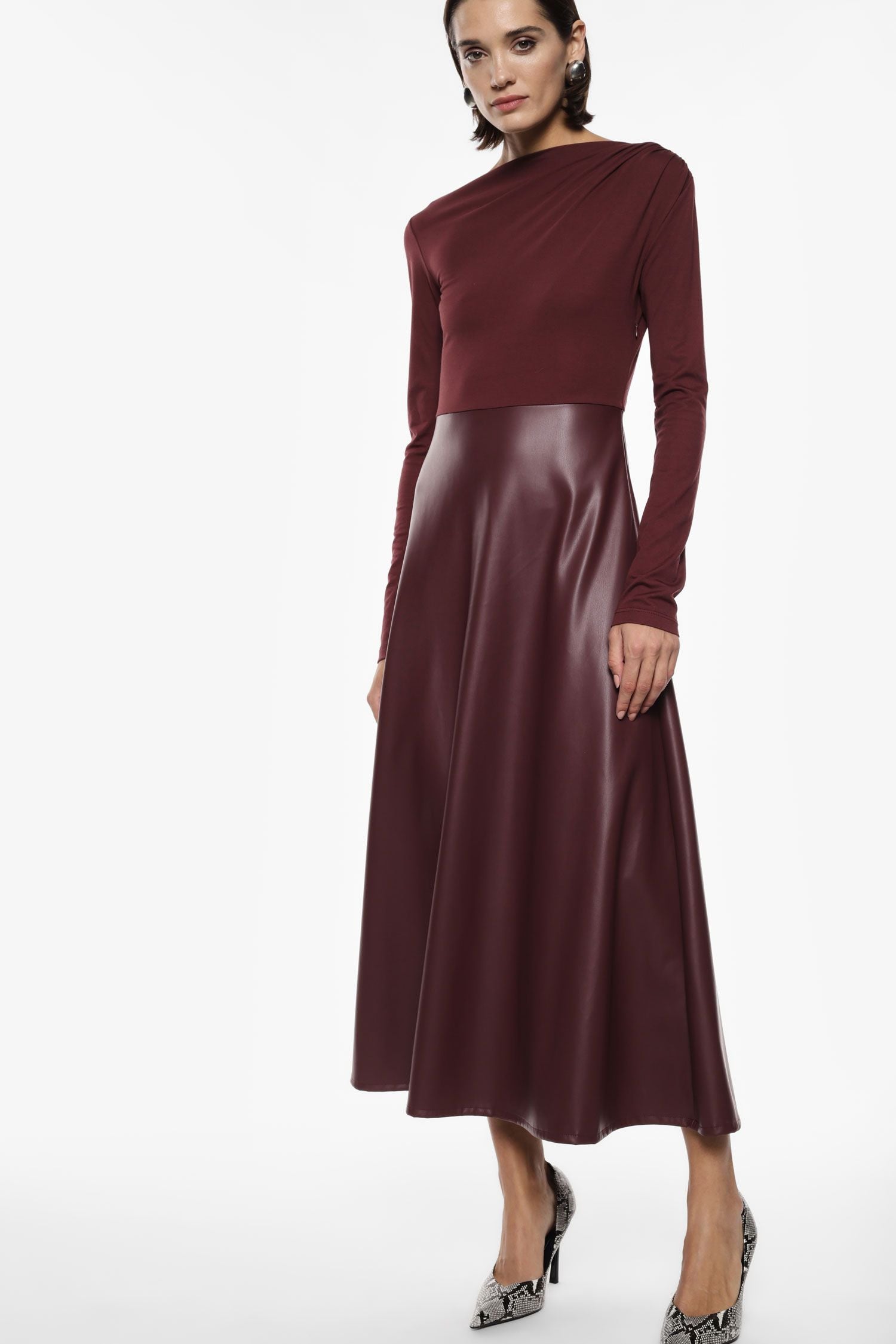 Imperial - Abito lungo scollo a barca con gonna in ecopelle
