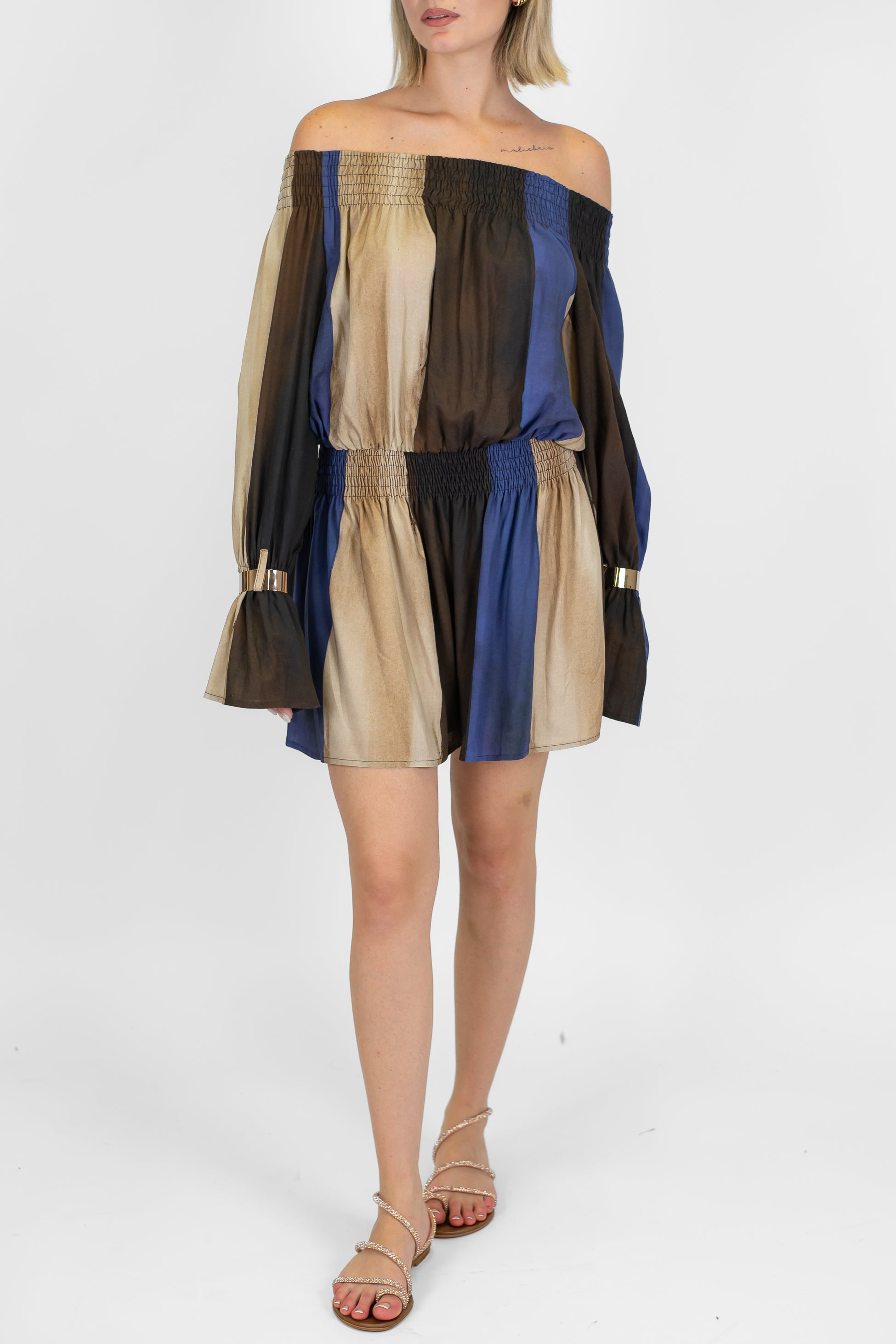 Motel - Abito corto multicolor in misto viscosa e lino con scollo shiffer con bracciali ai polsi