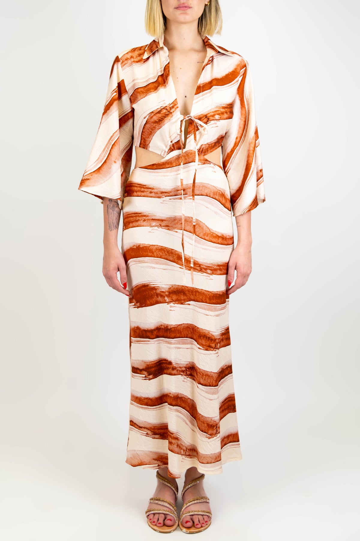 Haveone - Abito lungo fantasia righe astratte cut-out con scollo a V e laccio