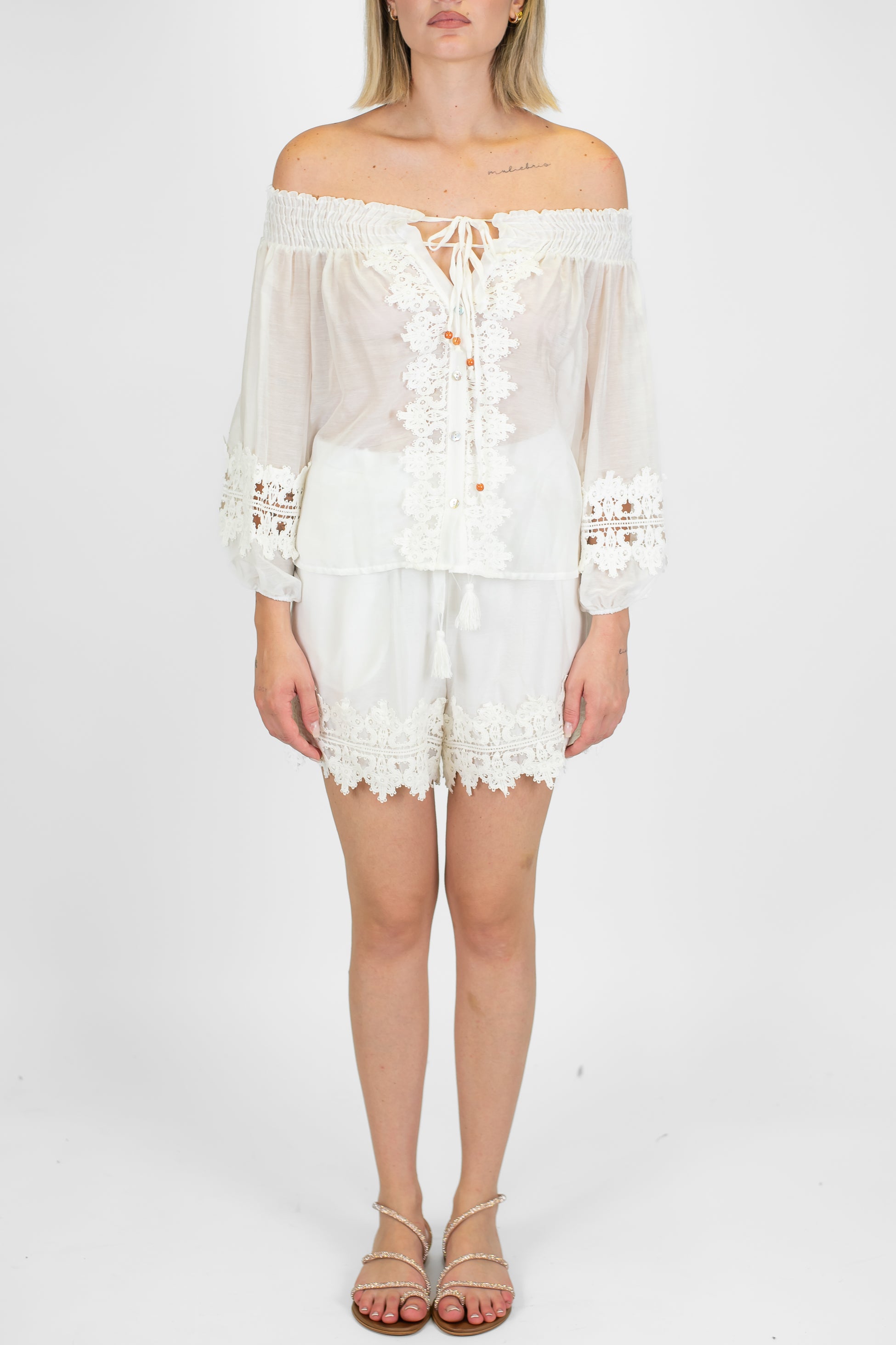 Motel - Shorts in misto seta con coulisse e crochet sul fondo