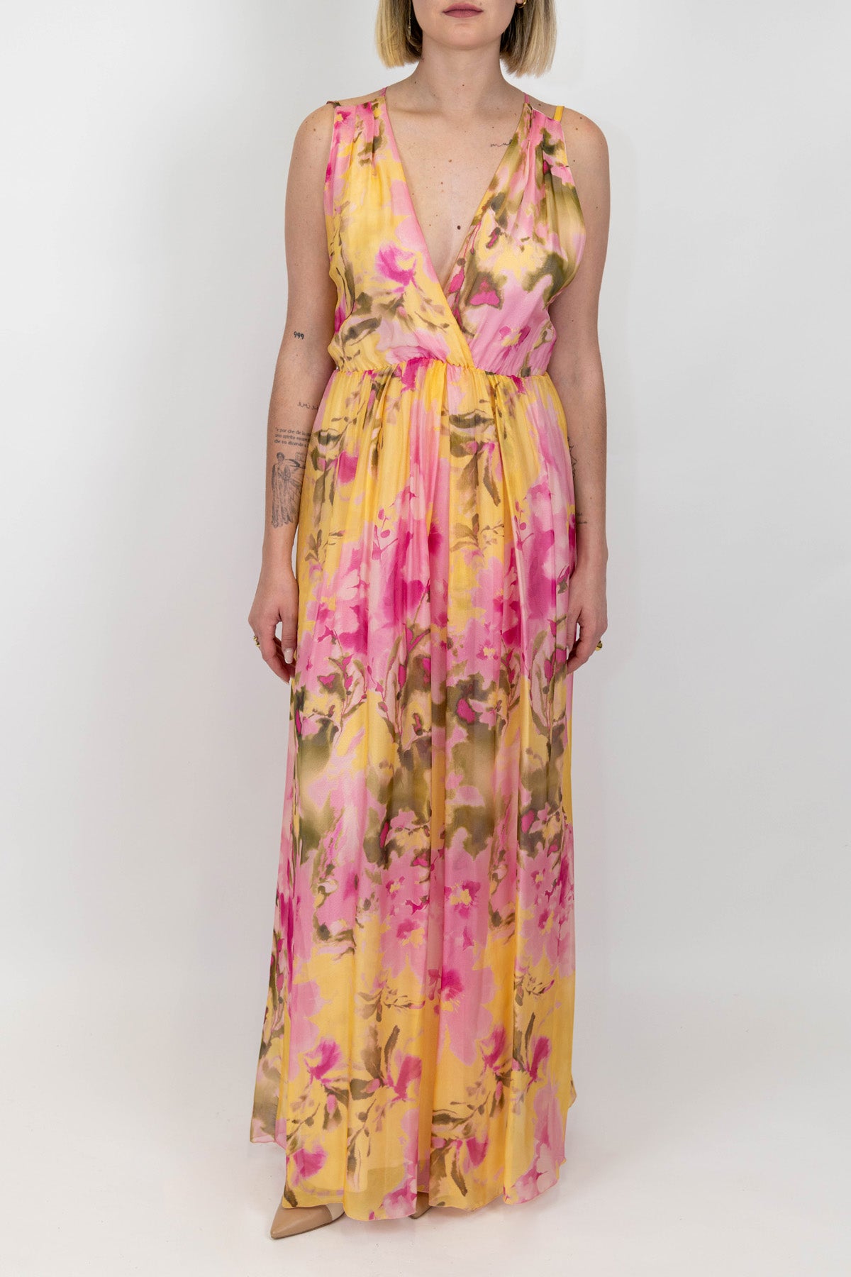 Dixie - Abito lungo fantasia floreale in misto seta con spalline ad incrocio sul retro