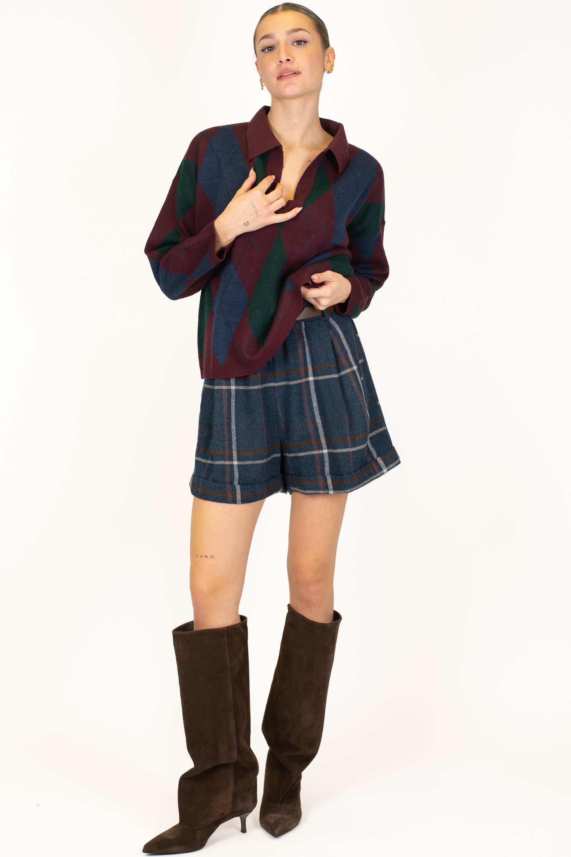 Motel - Polo in maglia fantasia rombi in misto lana