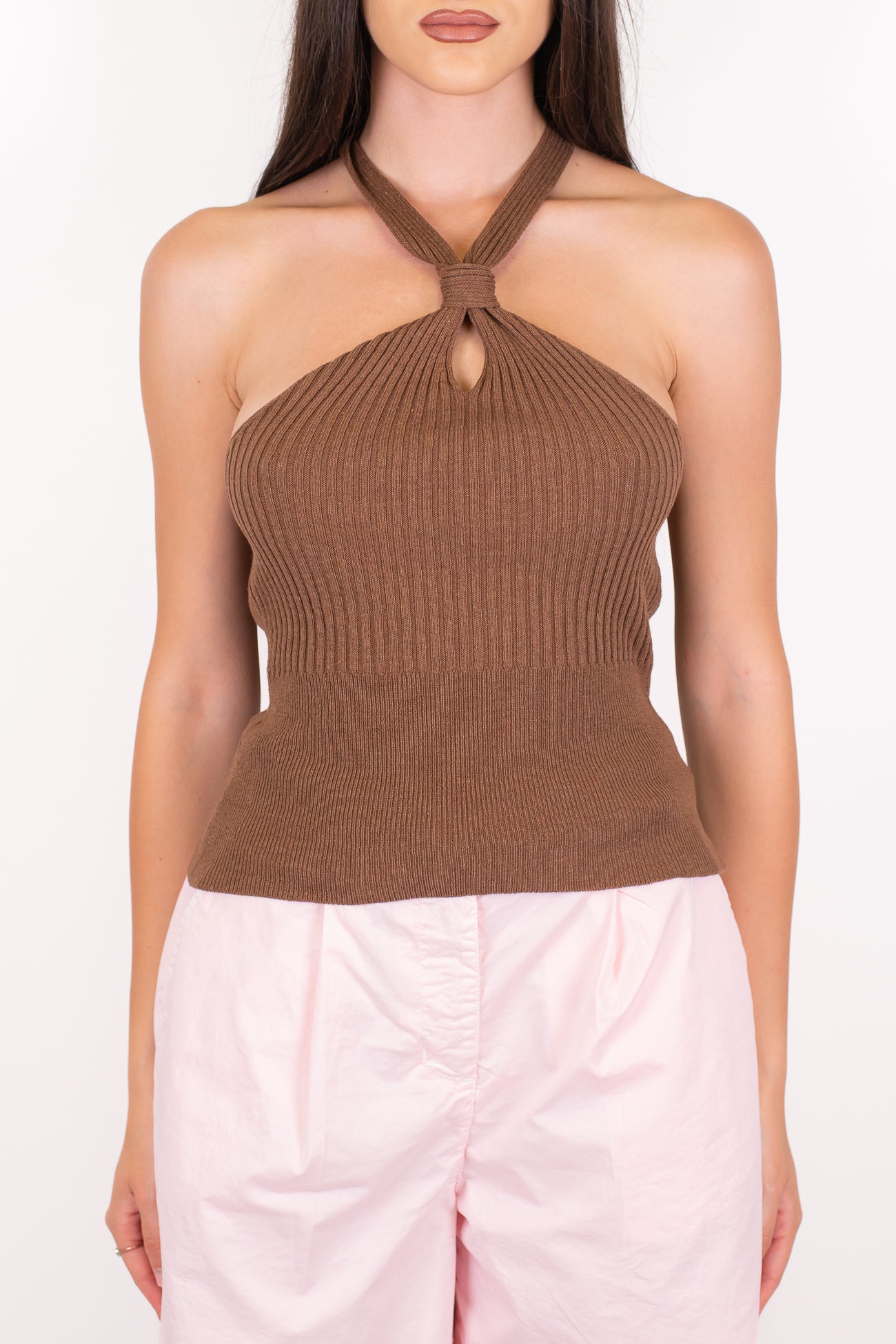 Dixie - Top a costine scollo americano con nodo centrale