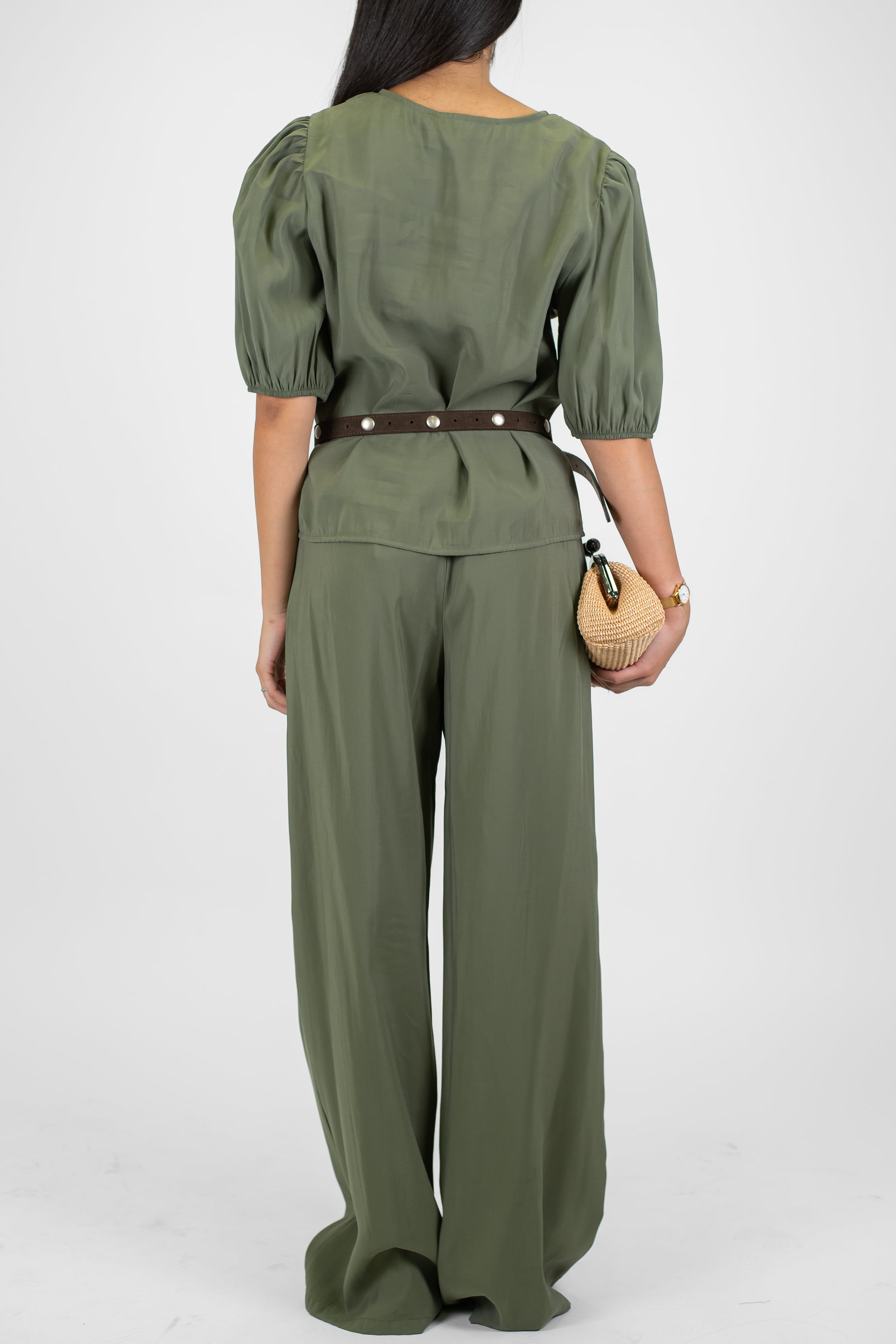 Haveone - Coordinato in modal con t-shirt scollo a V con lacci e pantalone palazzo con coulisse