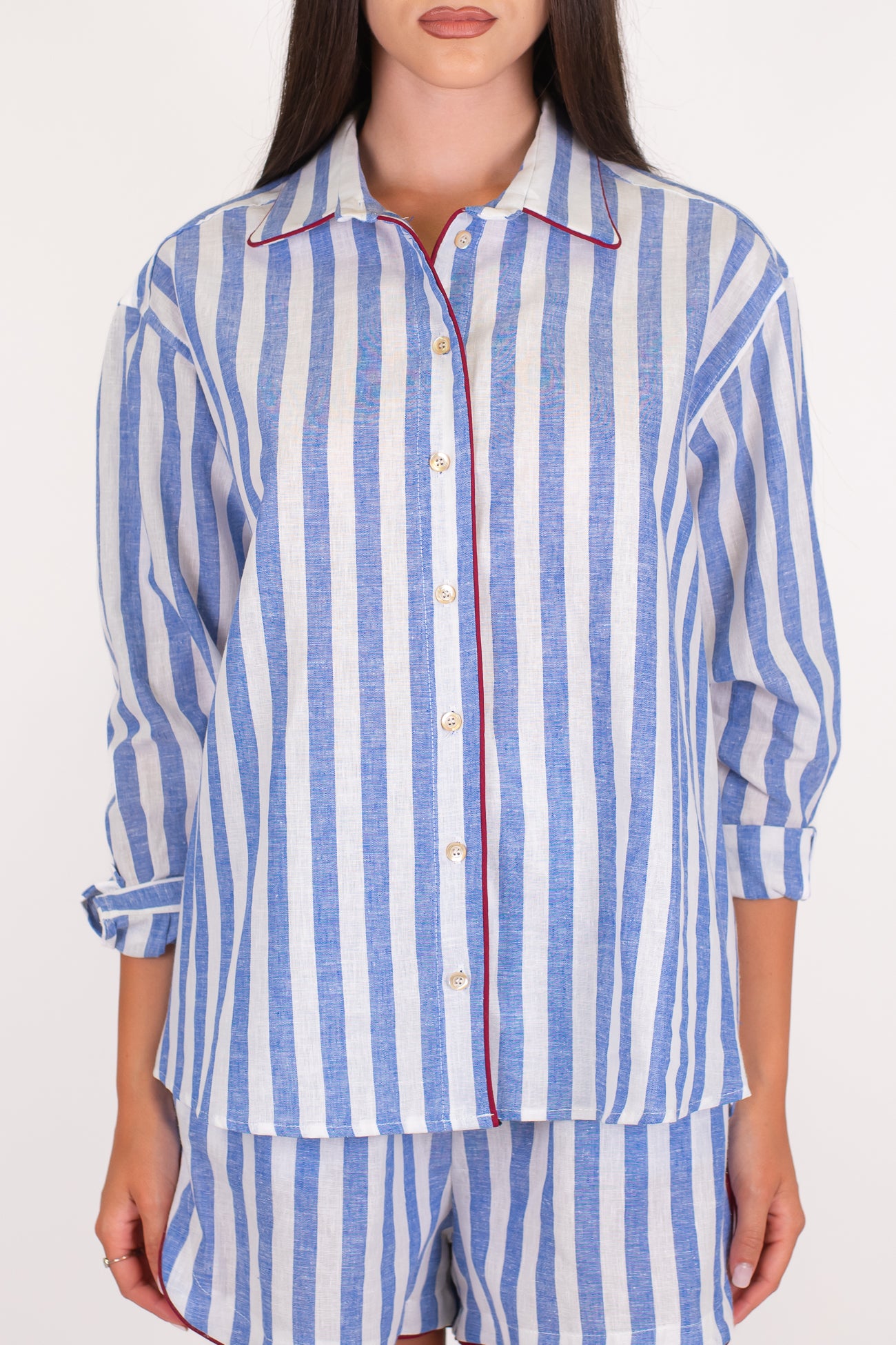 Tensione in - Camicia fantasia a righe in misto lino con profilo a contrasto