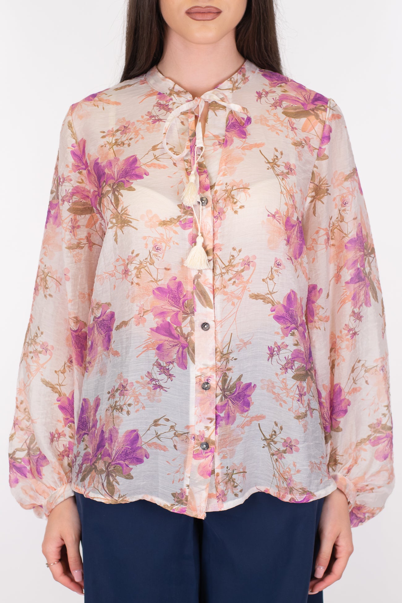 Tensione in - Camicia fantasia floreale in mussola di cotone con collo coreano e laccio