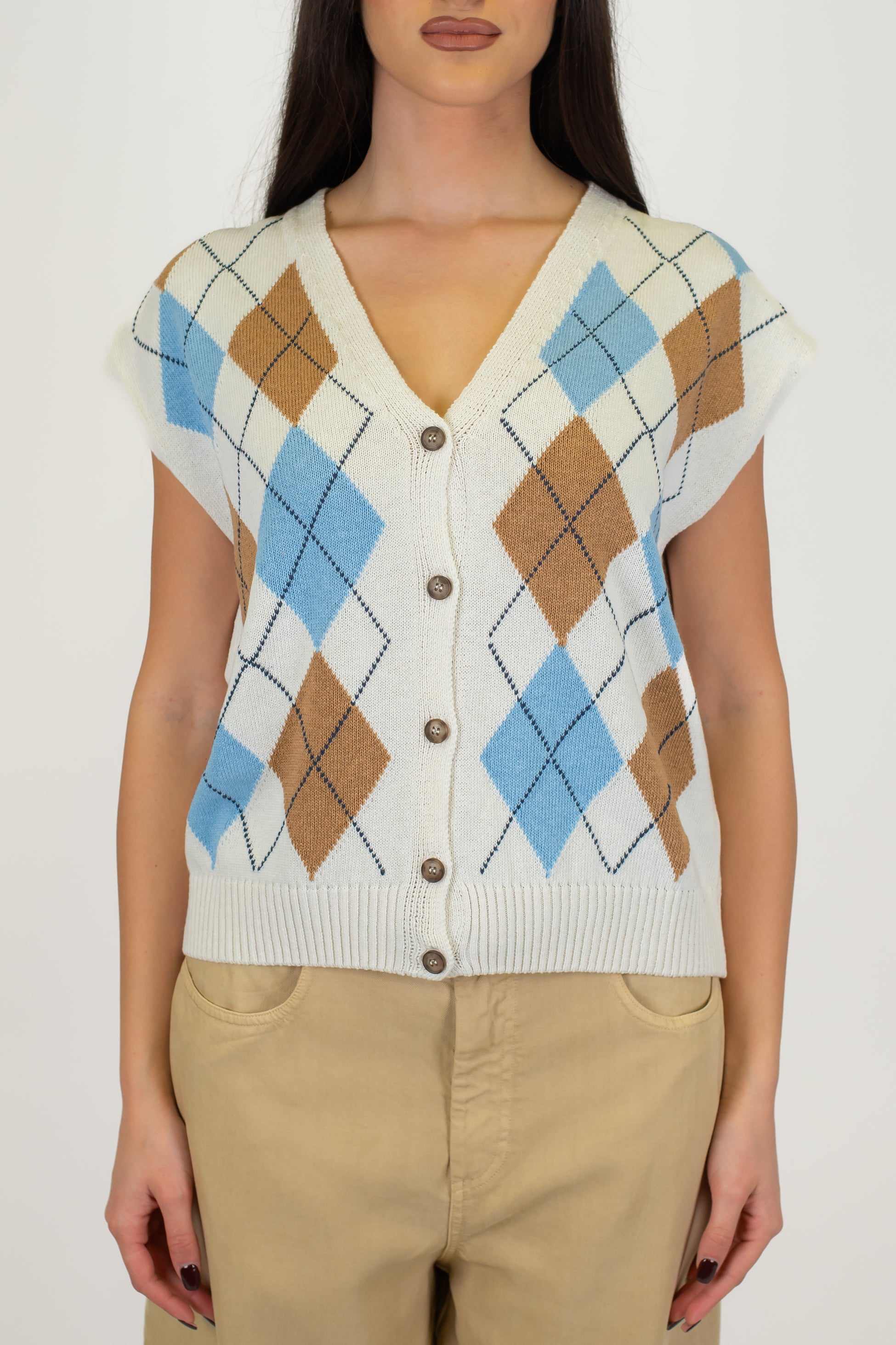 Tensione in - Gilet mezza manica in maglia fantasia rombi a contrasto