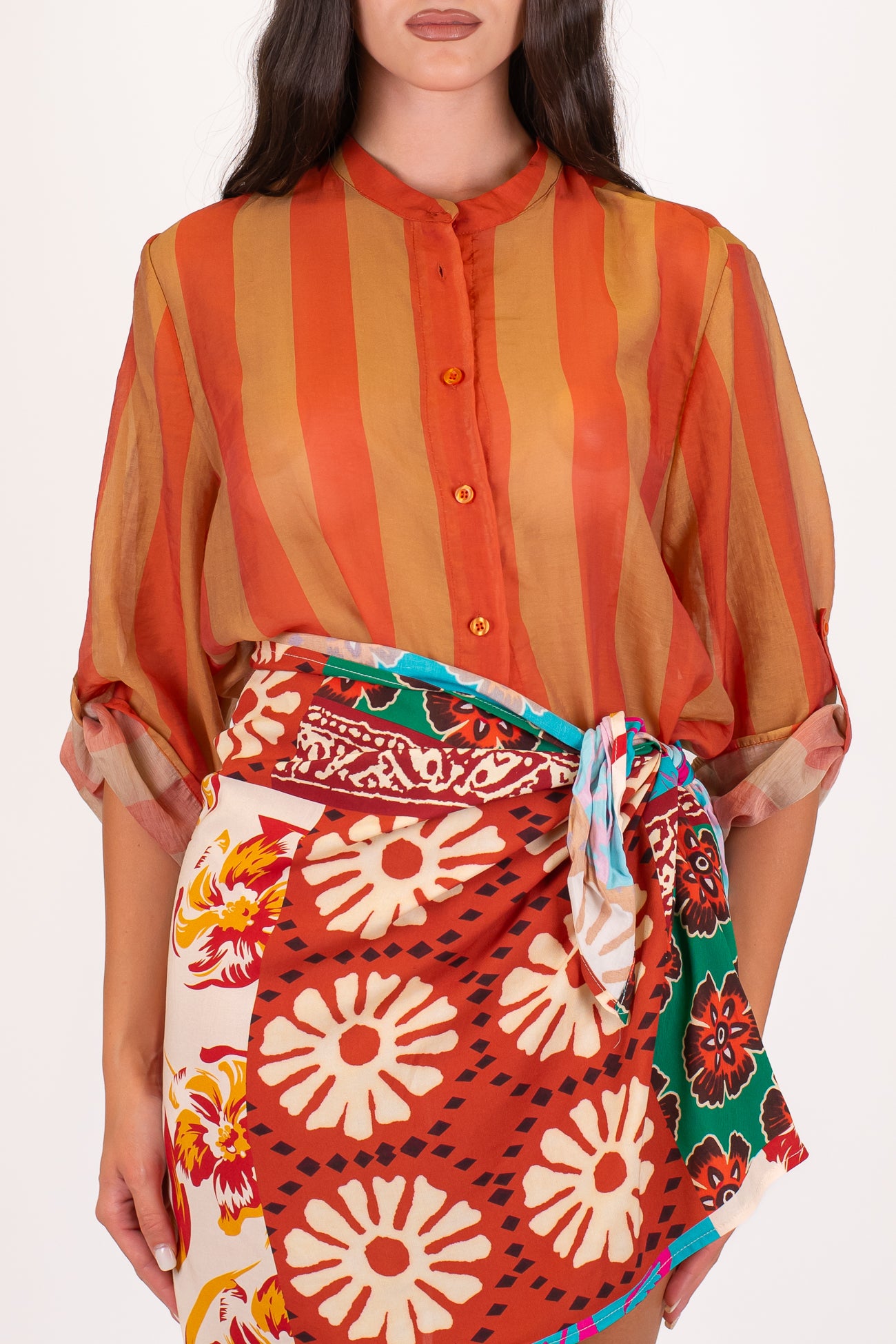 Haveone - Camicia fantasia a righe a contrasto in lyocell con manica tre quarti