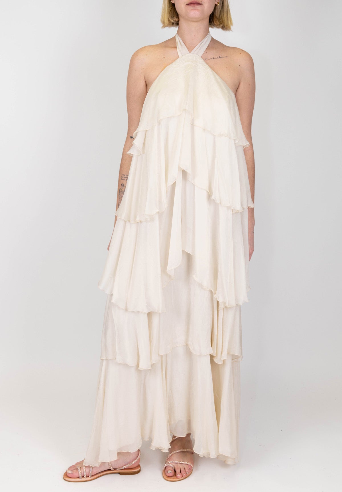 Haveone - Abito lungo in misto seta con allaccio al collo e balze