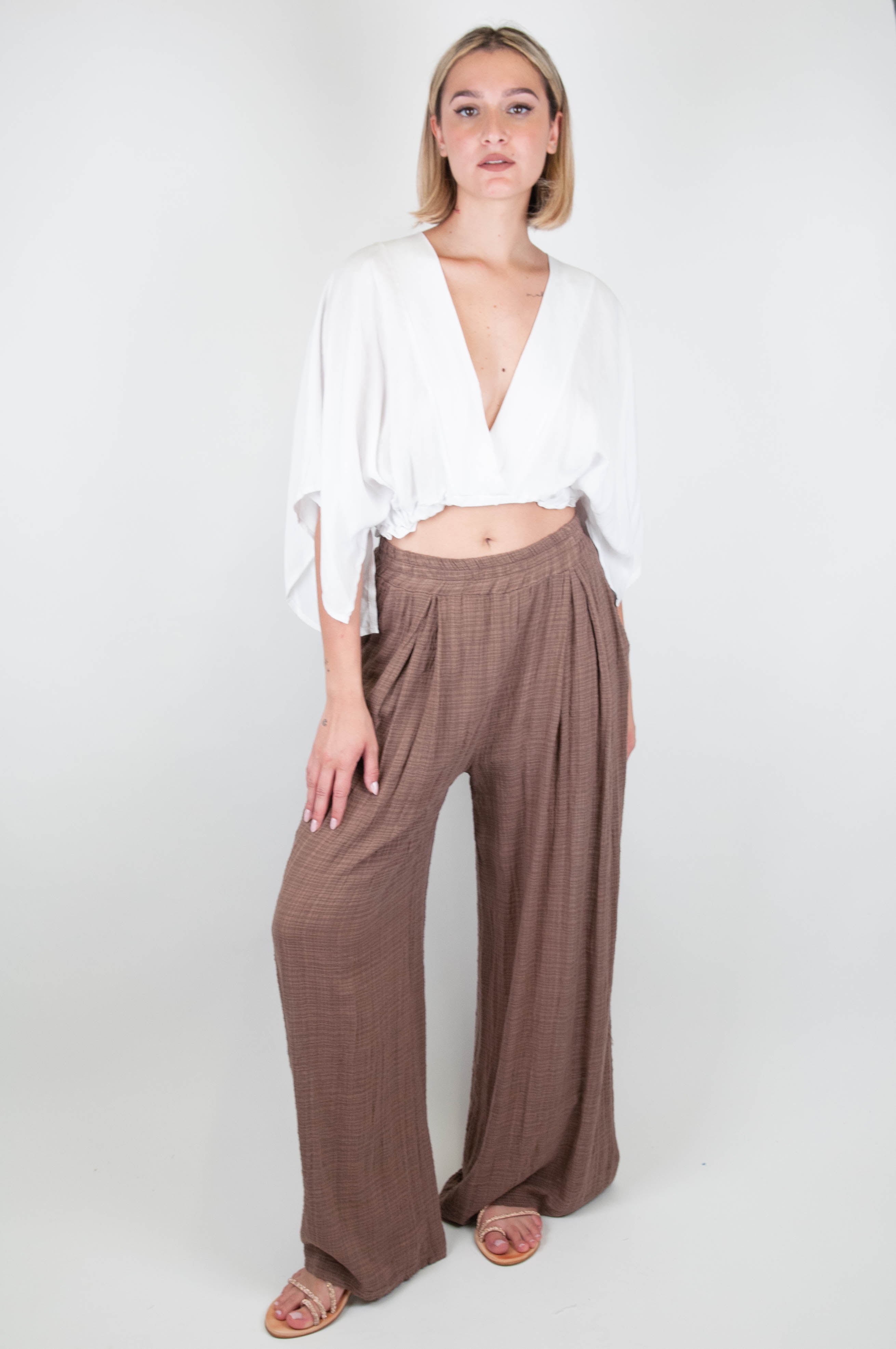 Haveone - Pantalone palazzo in misto lino con pinces ed elasticio in vita