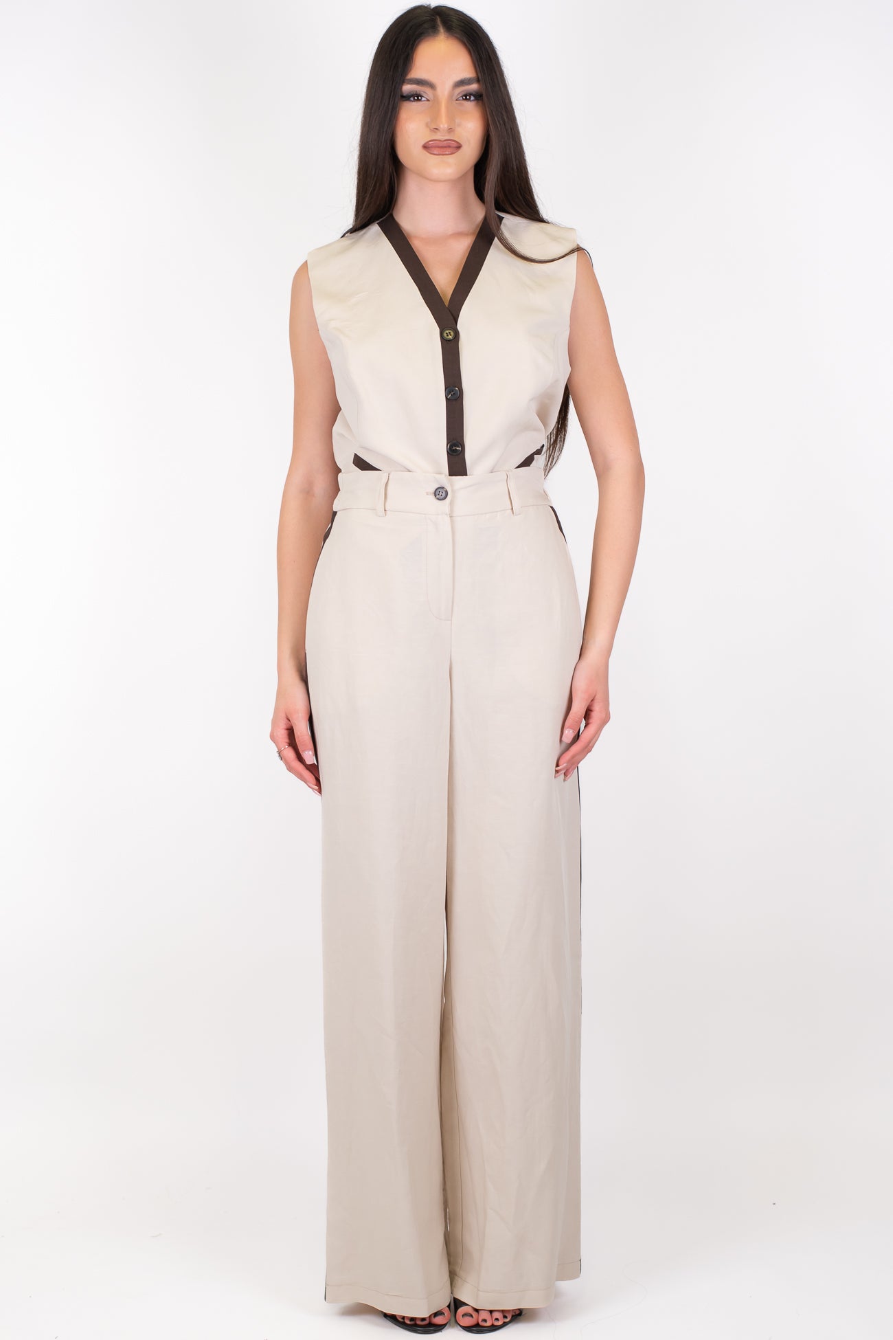 Motel - Coordinato gilet e pantalone palazzo in misto lino con elastico sul retro e banda laterale a contrasto
