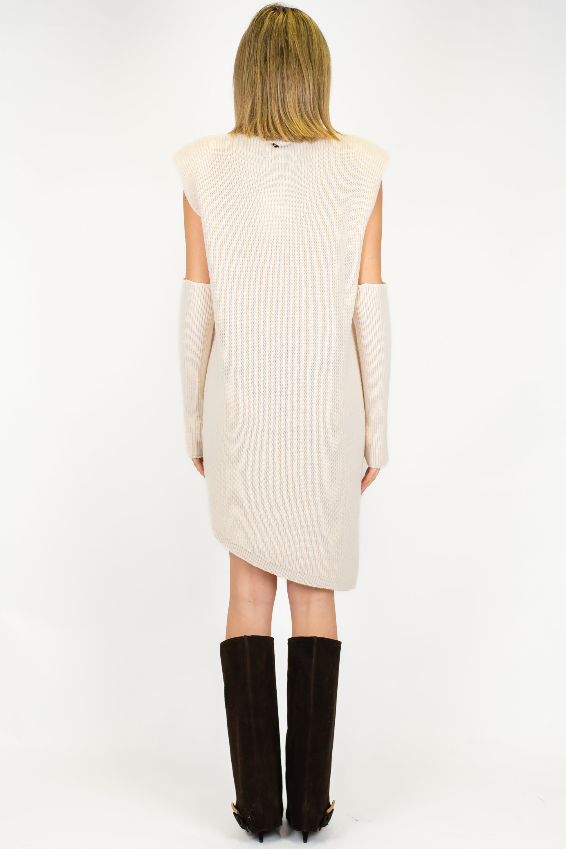 Dixie - Abito corto asimmetrico a coste in misto lana con spalline e manicotti