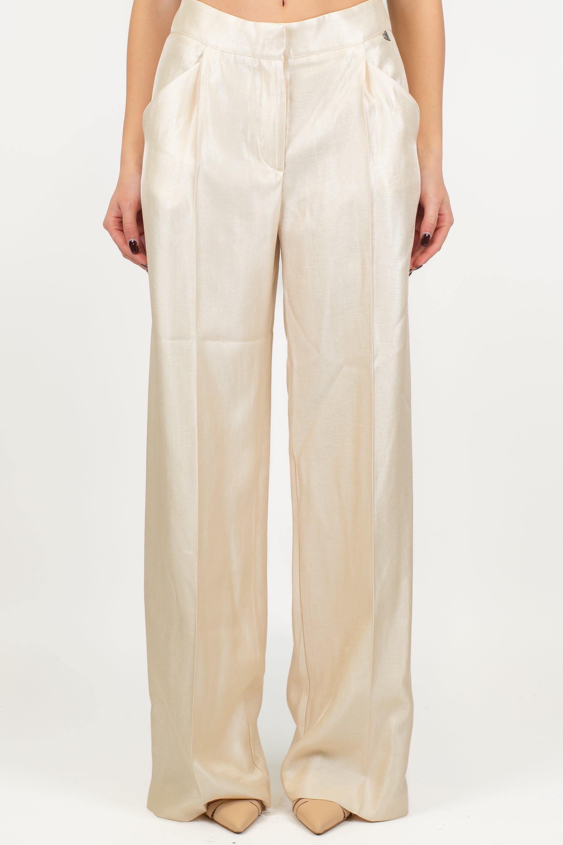 Dixie - Pantalone palazzo effetto laminato con pinces ed elastico sul retro