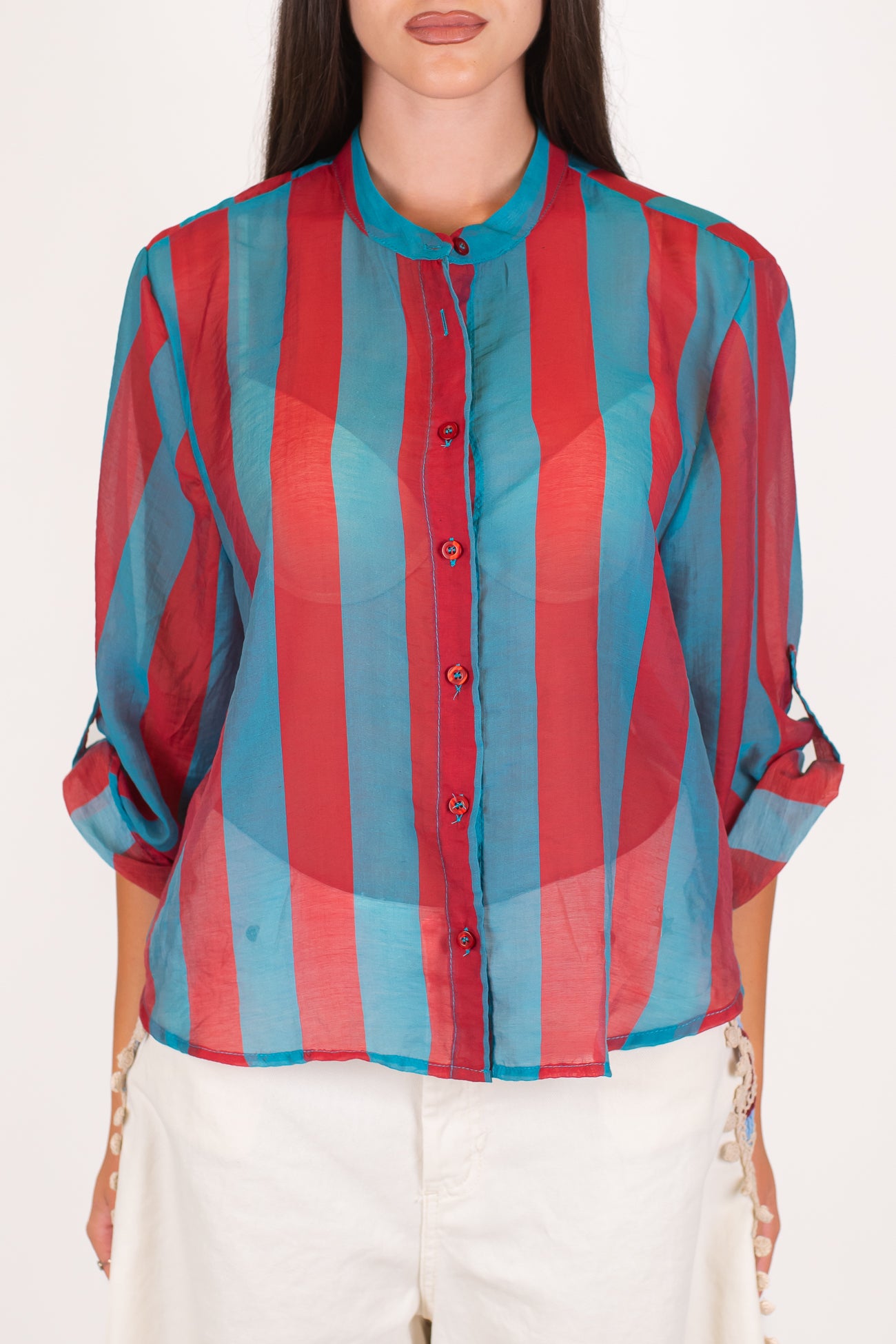 Haveone - Camicia fantasia a righe a contrasto in lyocell con manica tre quarti