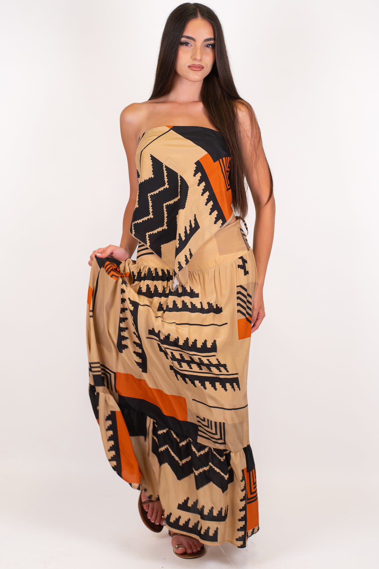 Dixie - Coordinato fantasia etnica in viscosa con gonna e top fazzoletto