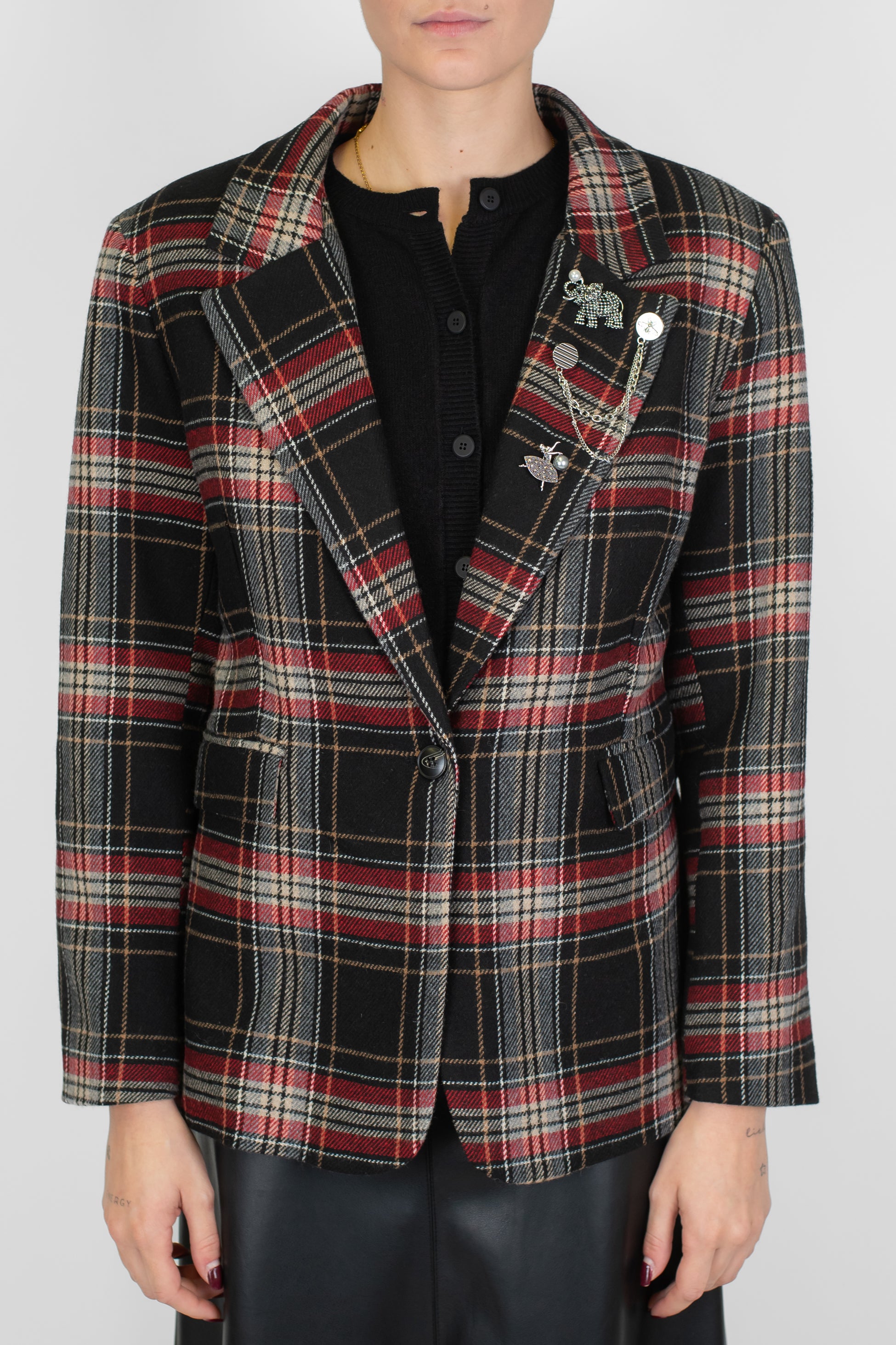 Motel - Giacca monopetto fantasia quadri in misto lana con spille gioiello