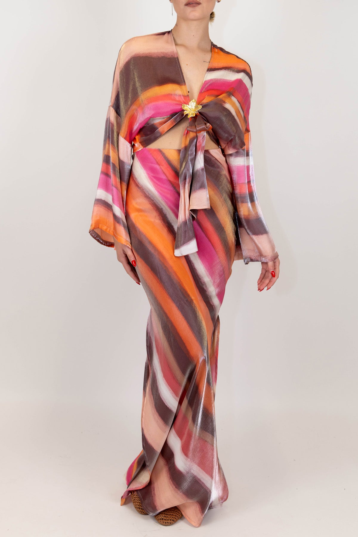 Haveone - Gonna fantasia righe diagonali in viscosa con spacco laterale