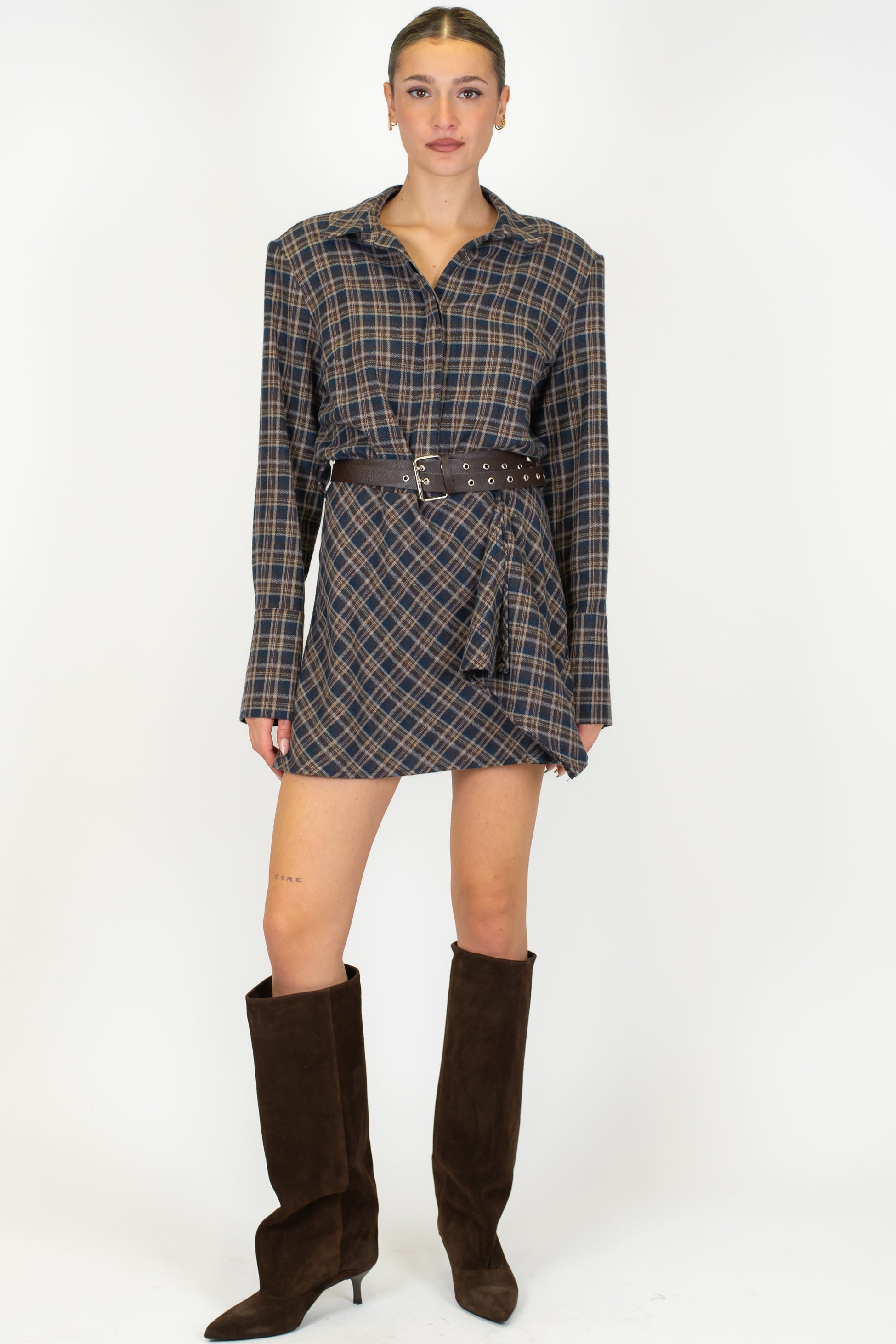 Motel - Abito corto fantasia check con spalline e drappeggio laterale