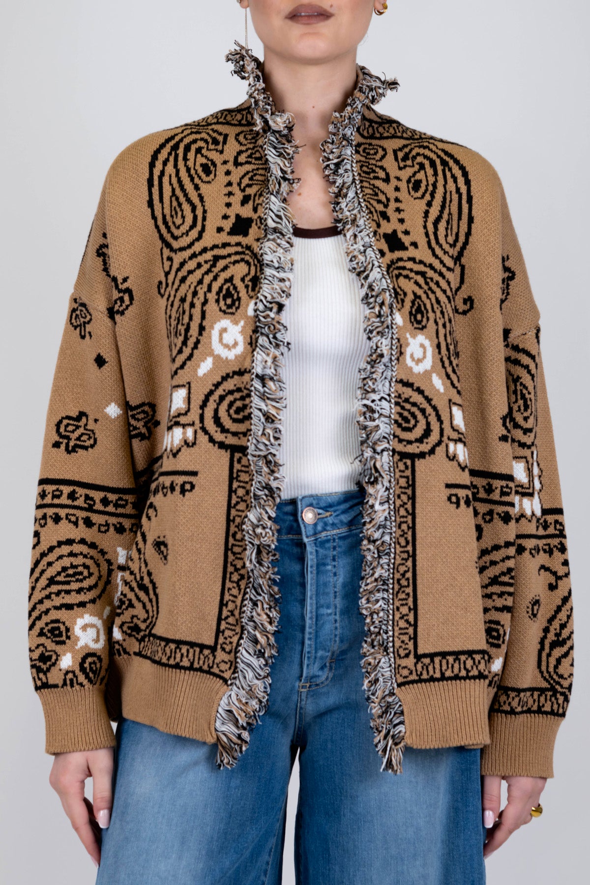 Tensione in - Cardigan fantasia astratta, profilo con frange