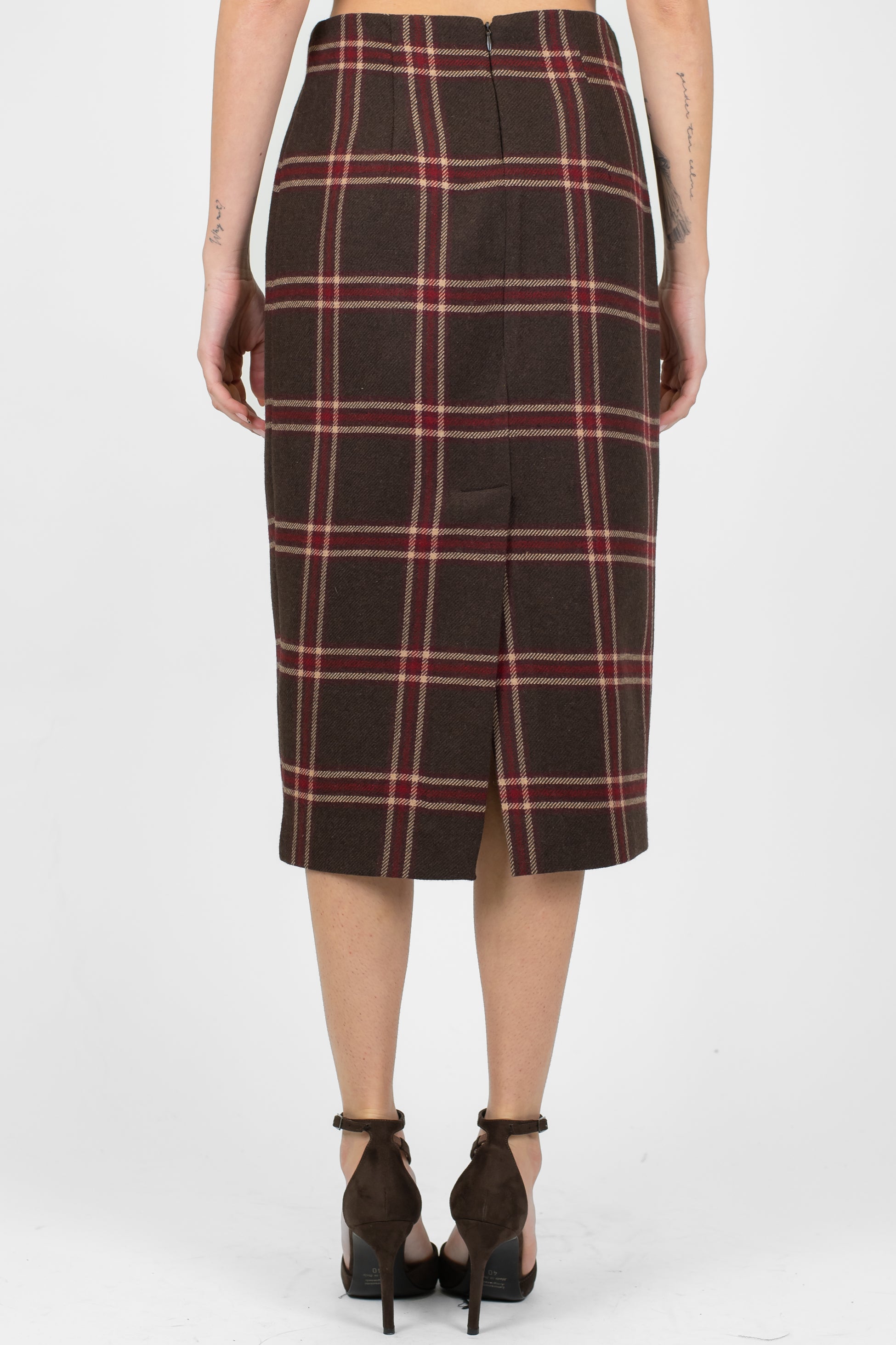 Tensione in - Gonna fantasia check in misto lana con spacco e chiusura con zip sul retro