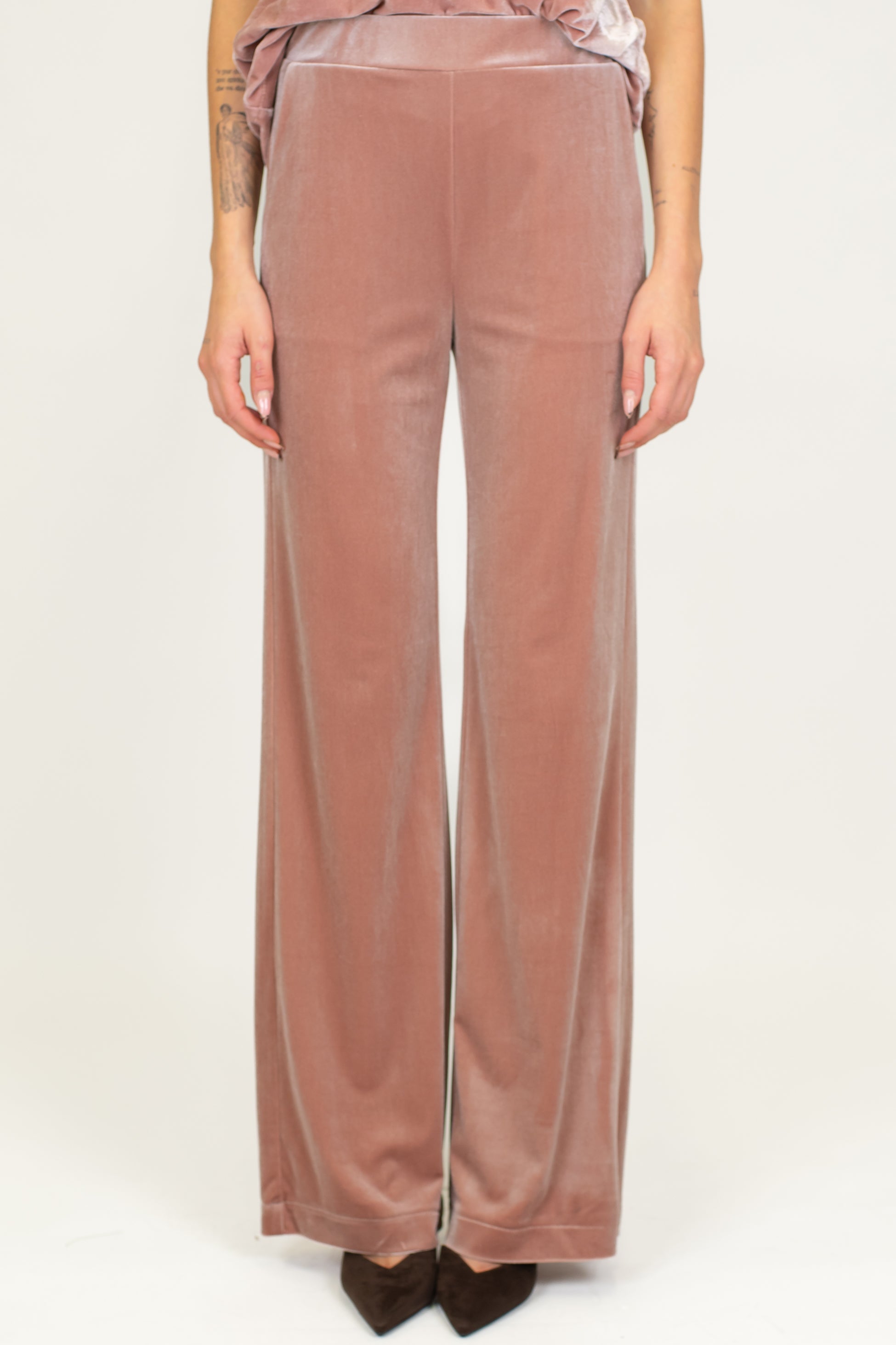 Maryley - Tailleur giacca con collo sciallato e pantalone palazzo in velluto con elastico in vita