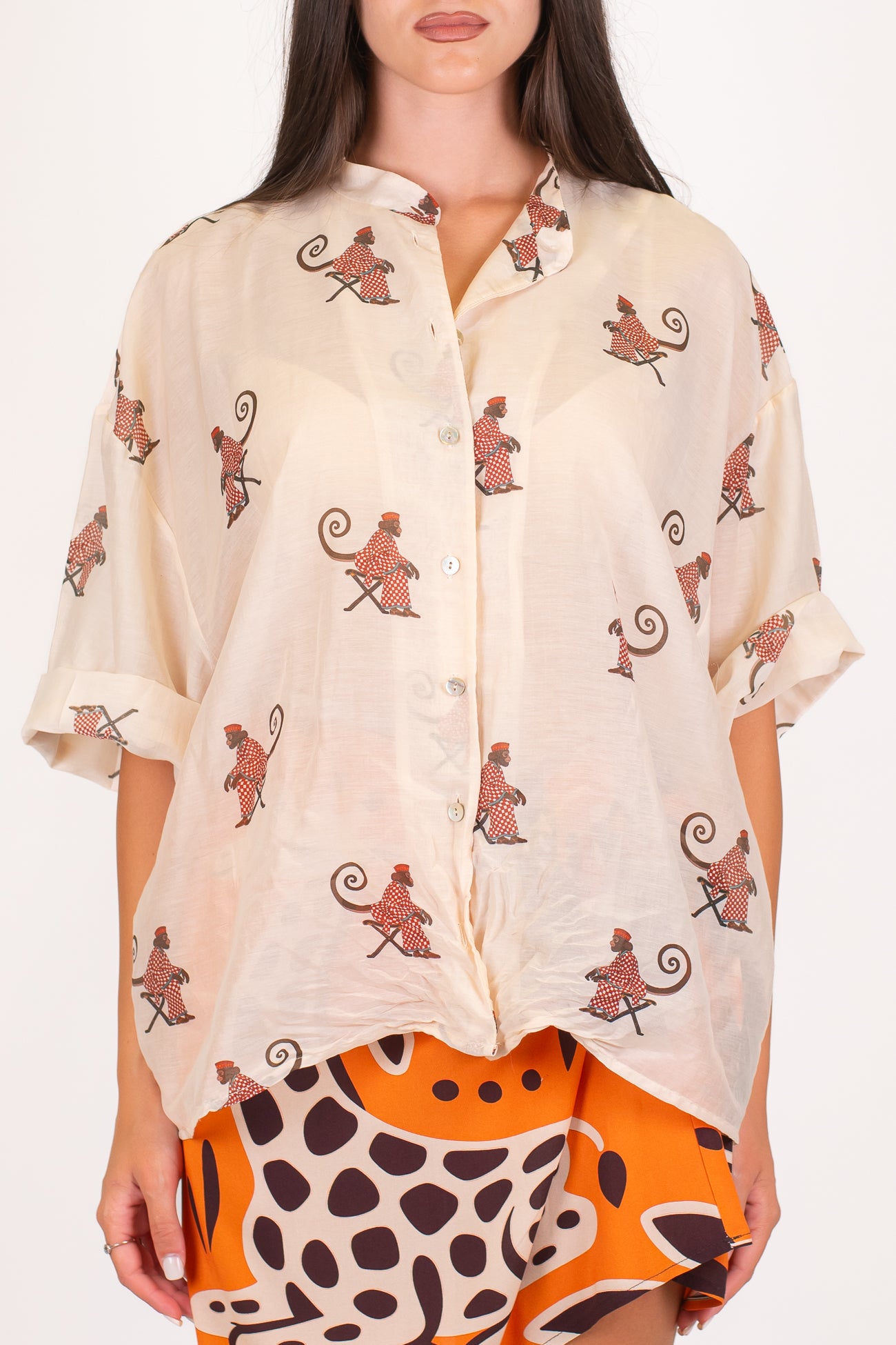Tensione in - Camicia fantasia scimmiette in misto seta con collo coreano
