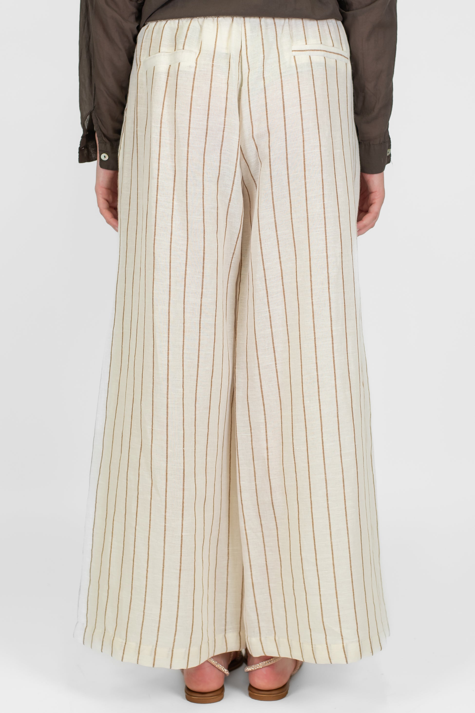 Motel - Pantalone palazzo gessato in misto lino con coulisse