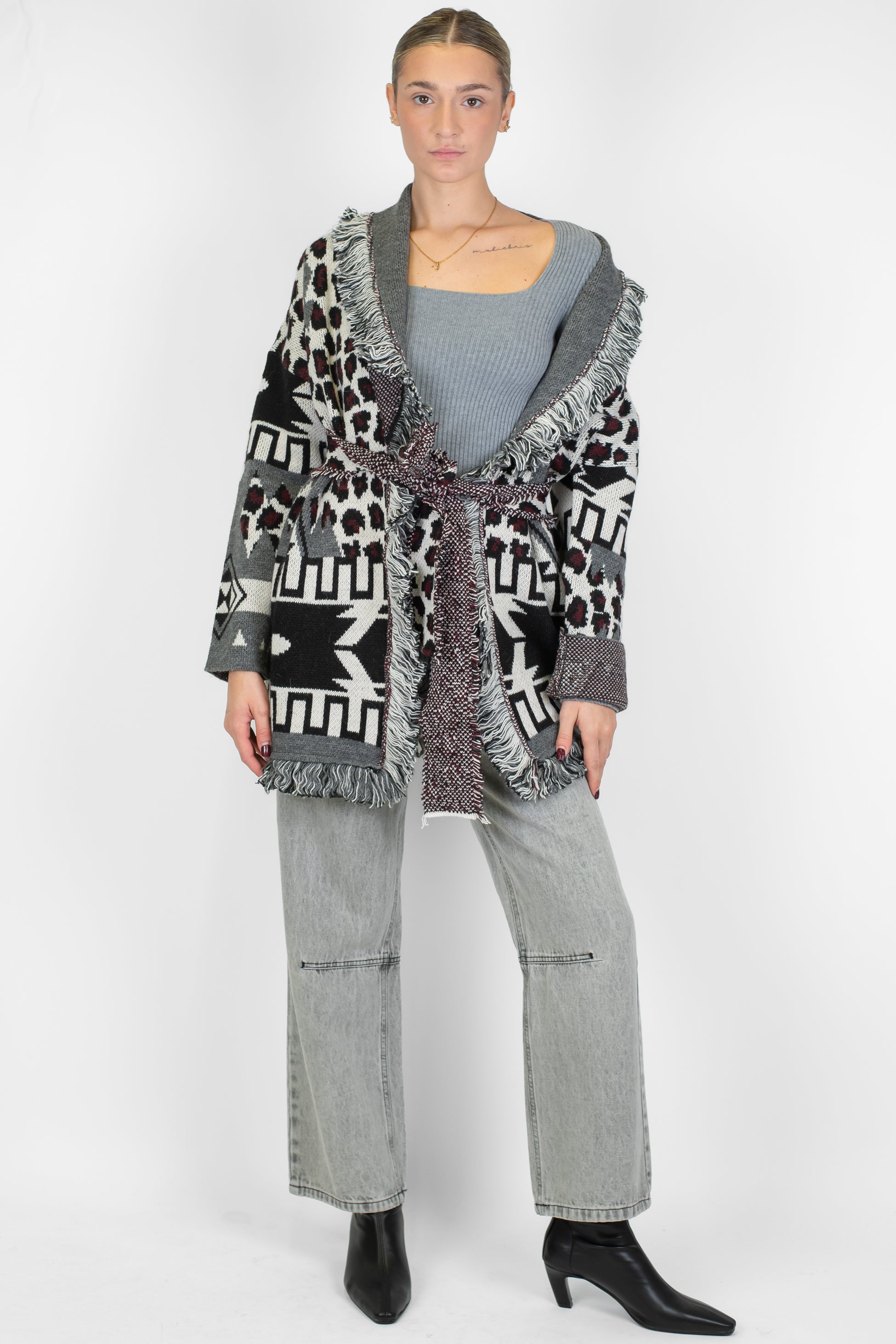 Motel - Cardigan in misto lana fantasia astratta con frange