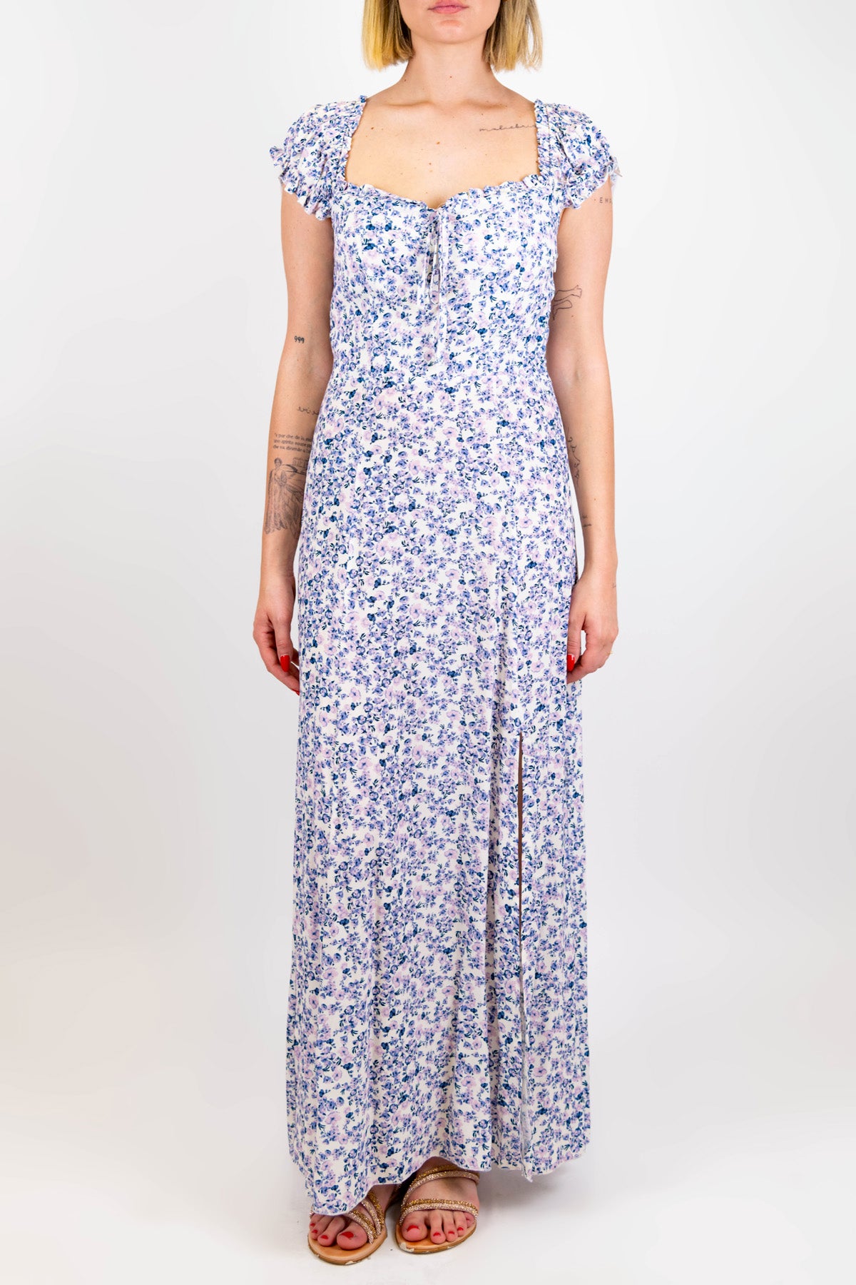 Tensione in - Abito lungo con scollo quadro fantasia provenzale in viscosa