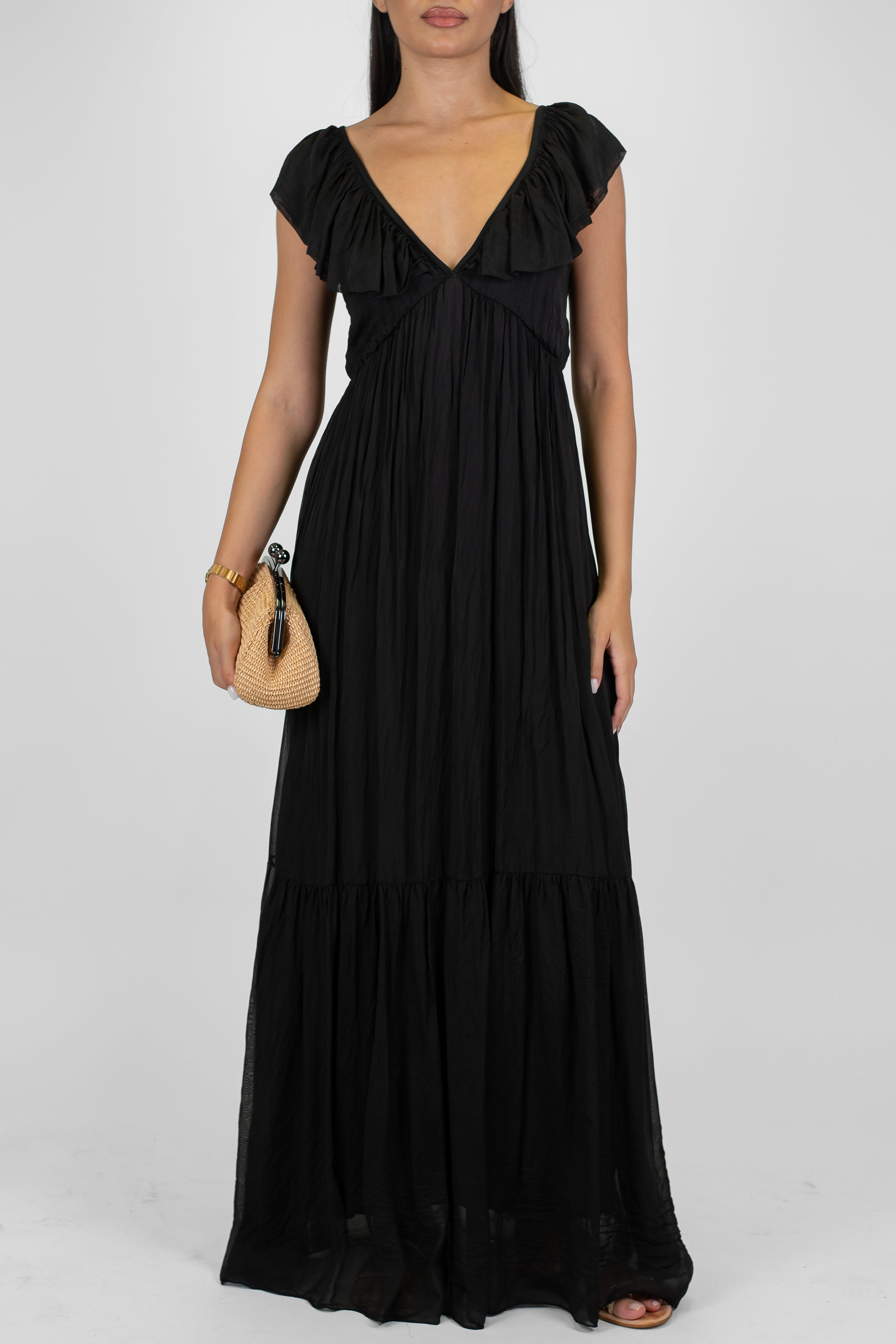 Dixie - Abito lungo in misto seta con scollo a V e rouches