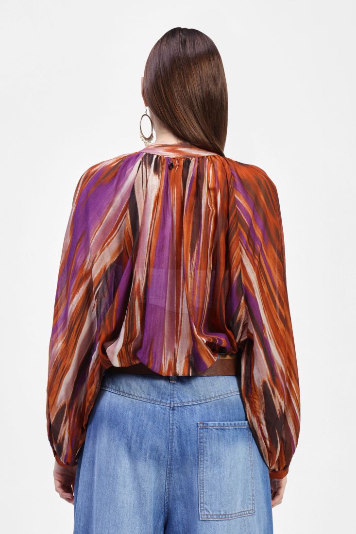 Dixie - Camicia collo coreano multicolor in misto seta